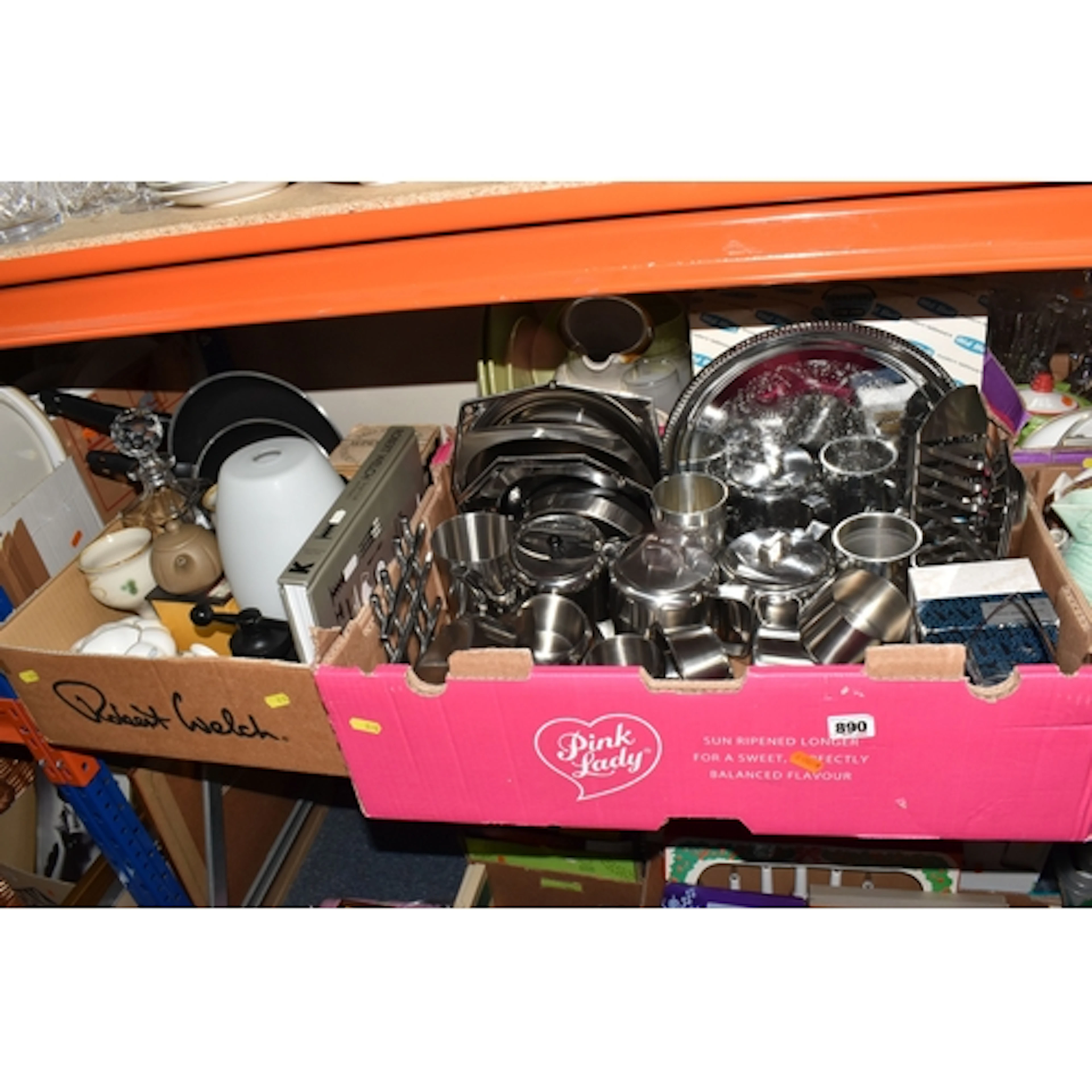 THREE BOXES OF ASSORTED CERAMICS, GLASSWARE, AND METALWARE t...