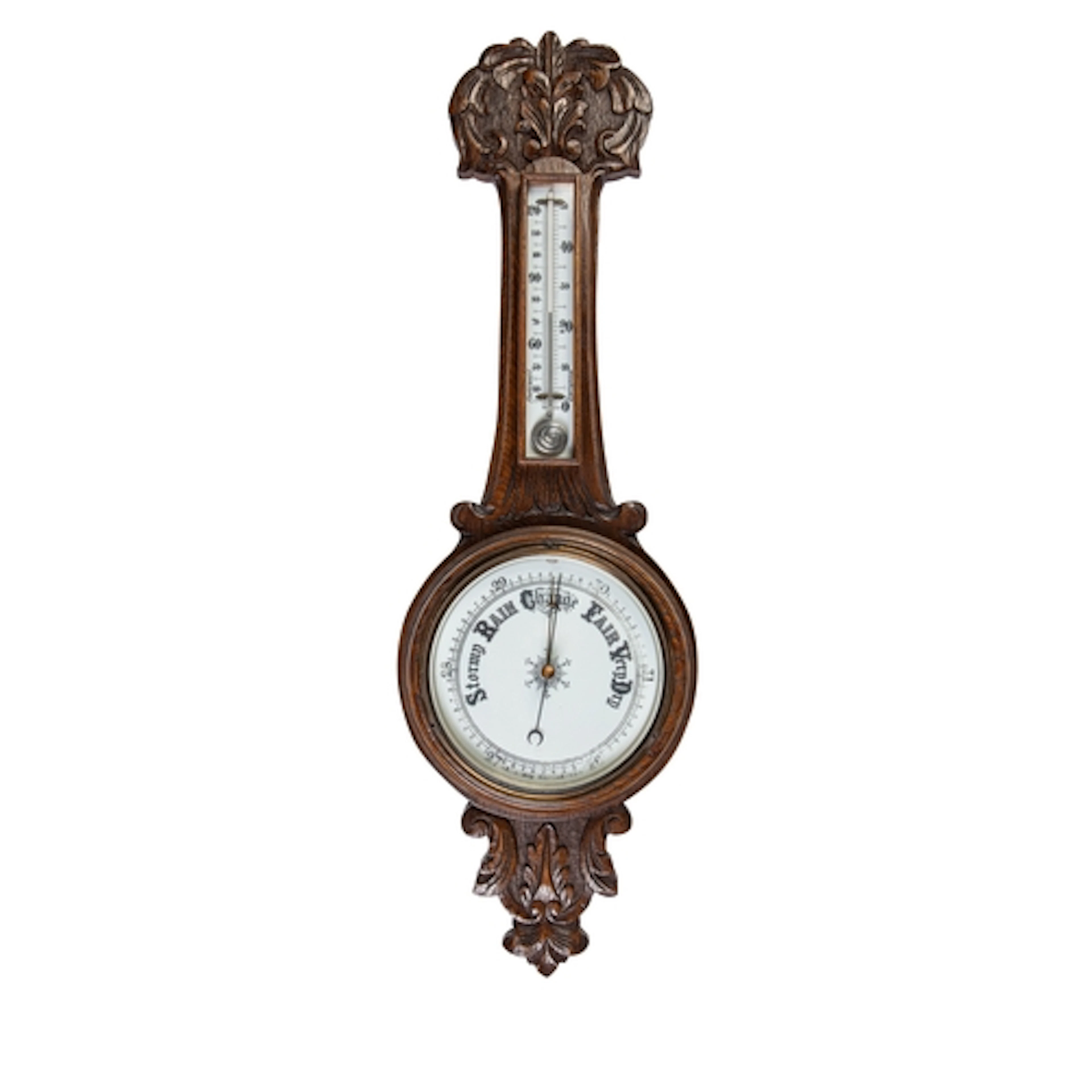 AN EDWARDIAN ANEROID BAROMETER, and temperature gauge, cased...