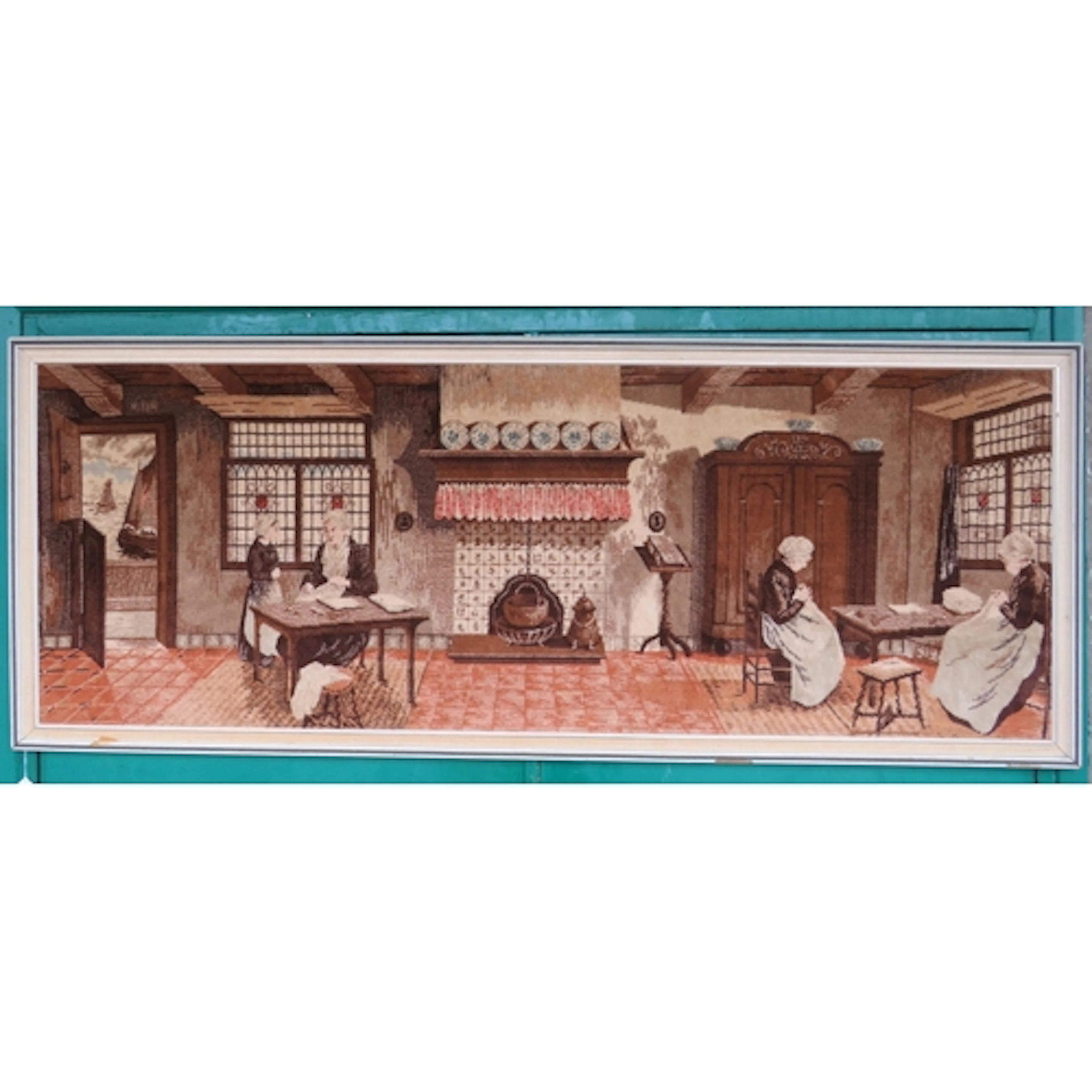 Very Large Framed Fabric Tapestry, interior scene with figur...