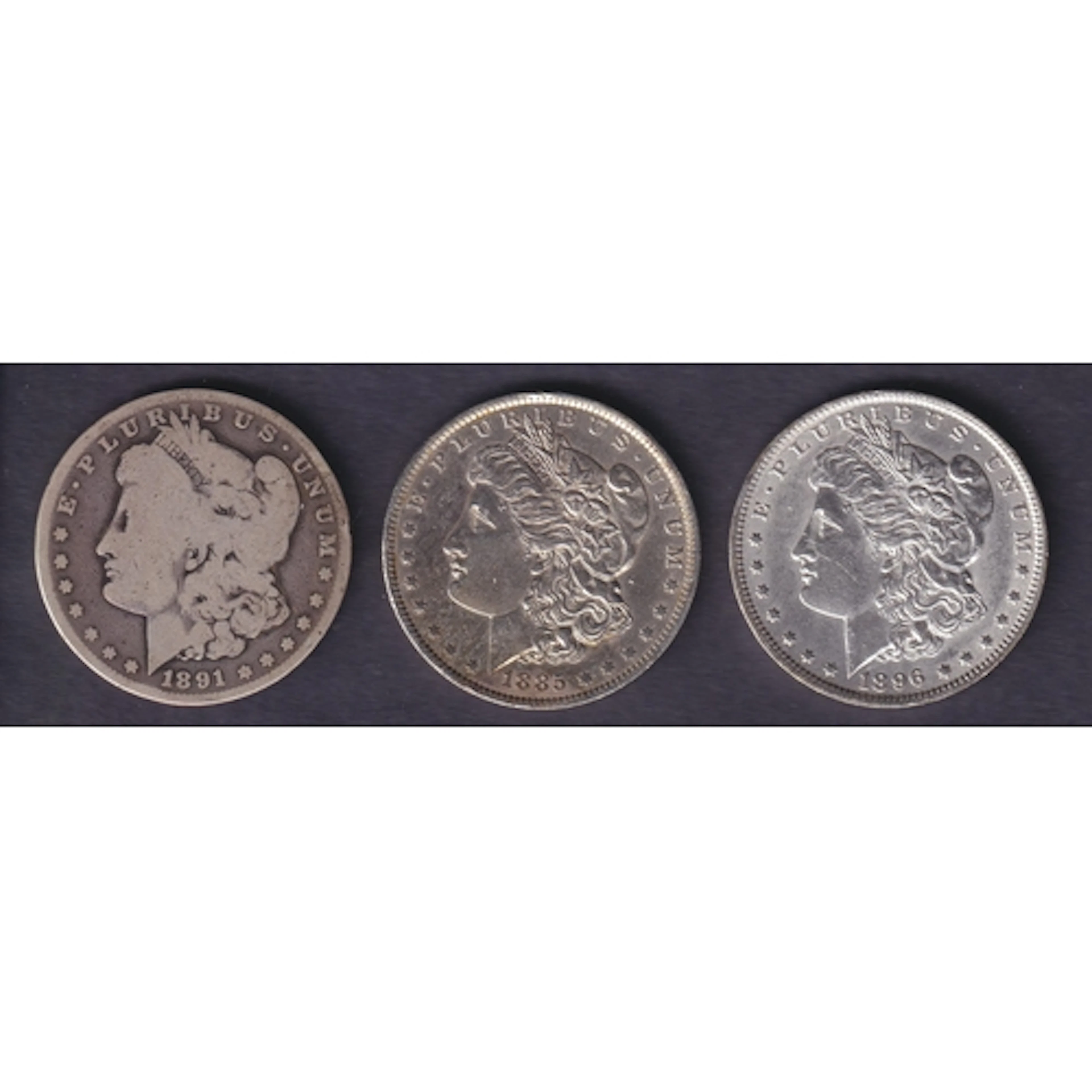 A group of three USA 19th Century Silver Morgan $1 coins, da...