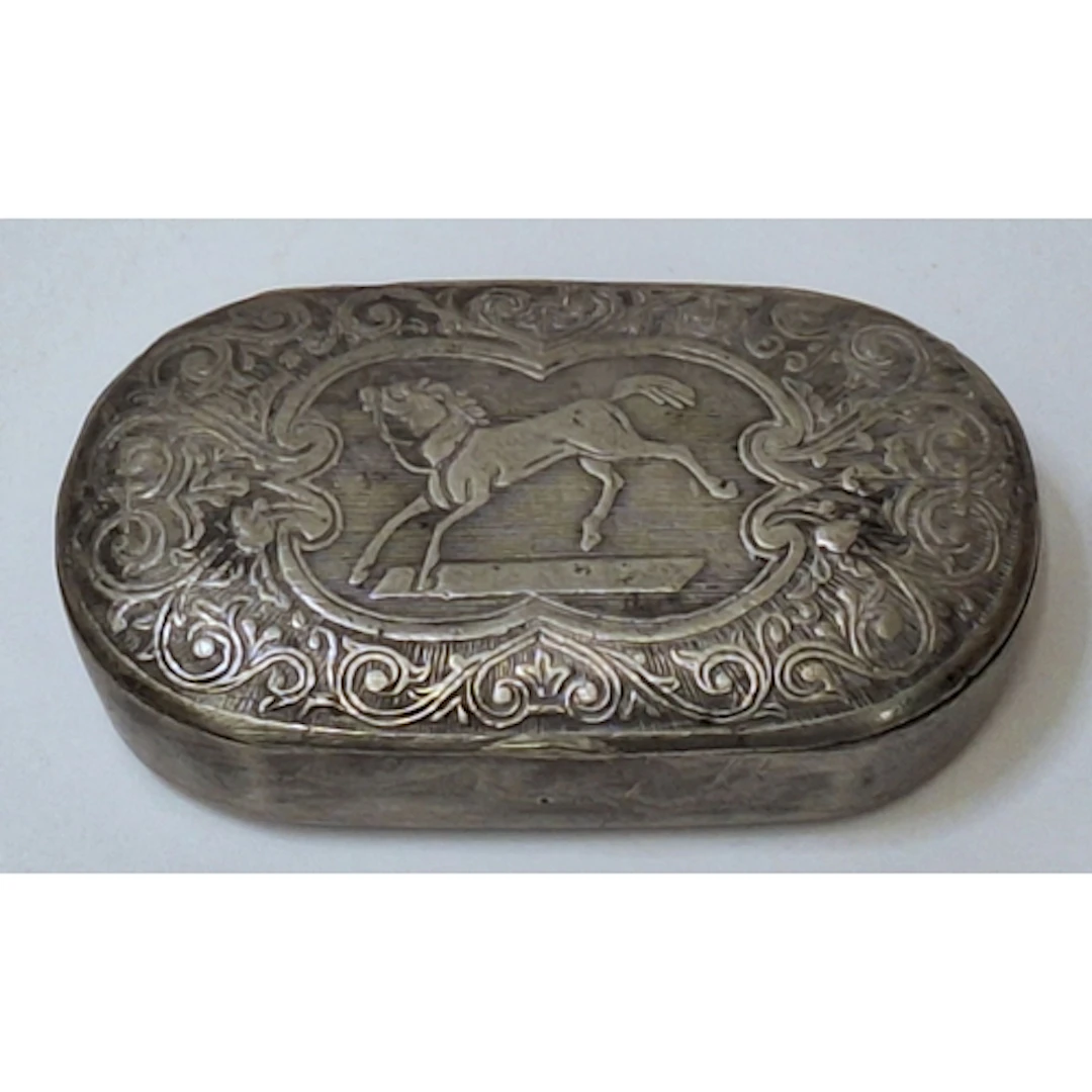 Antique Pewter Snuff/Tobacco Tin, lozenge shaped, heavily de...