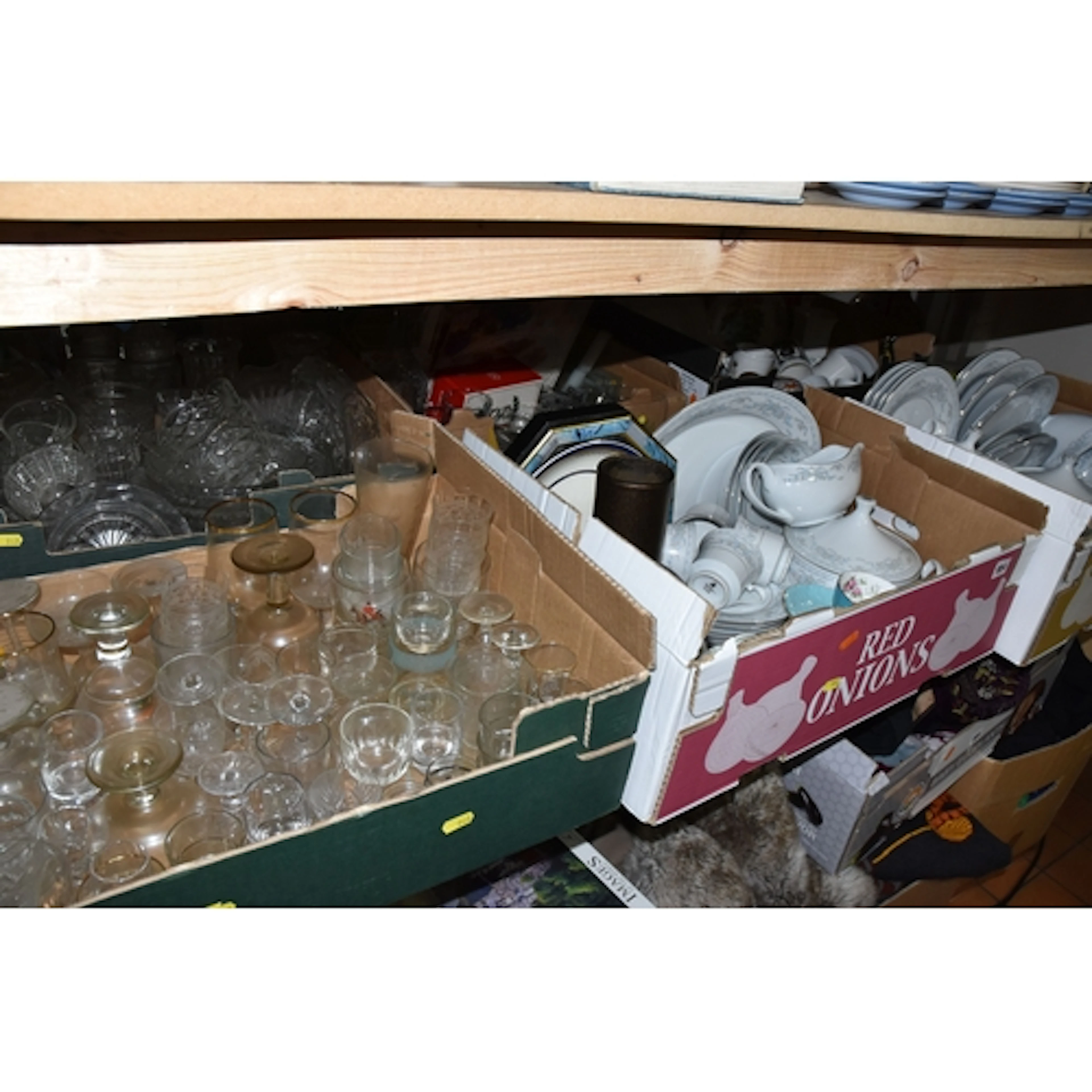 FIVE BOXES AND LOOSE OF ASSORTED HOUSEHOLD CERAMICS AND GLAS...