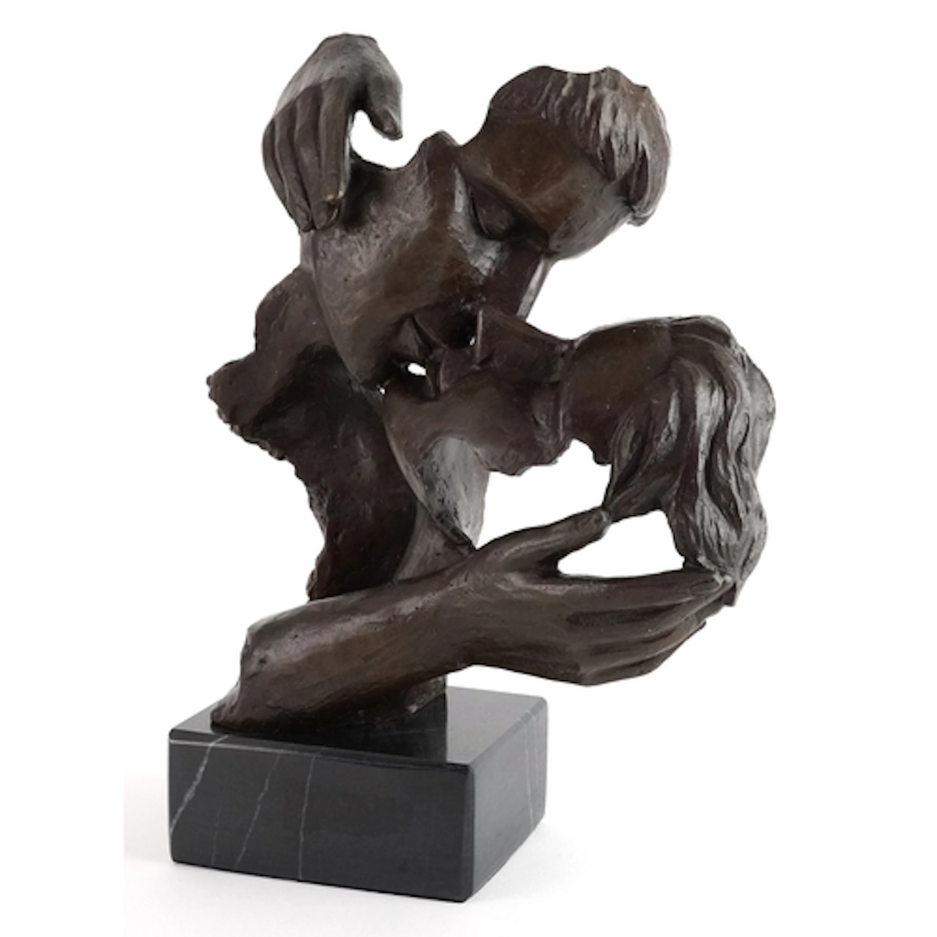 Patinated bronze sculpture of a kissing couple raised on a b...