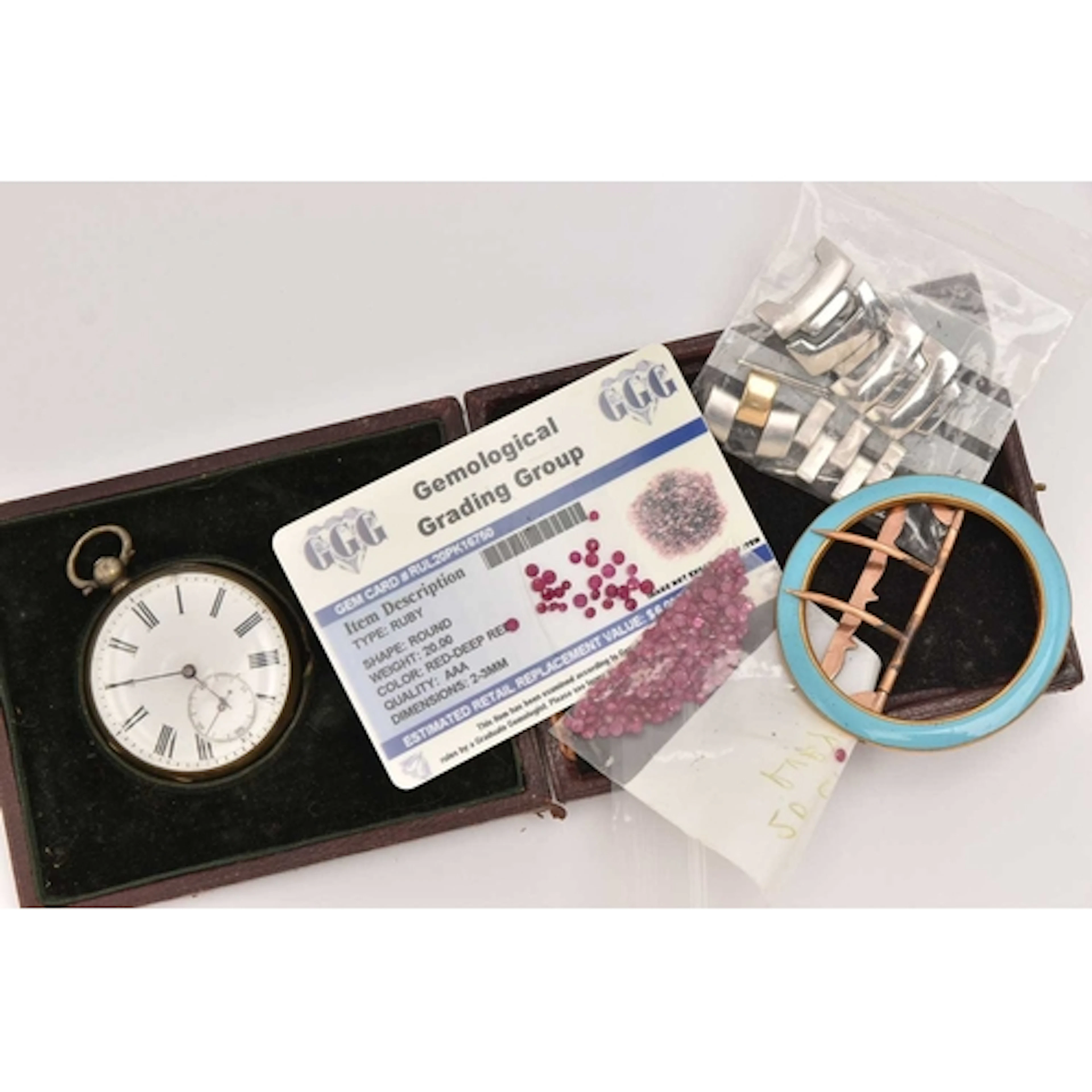 A POCKET WATCH AND OTHER ITEMS, a white metal open face pock...