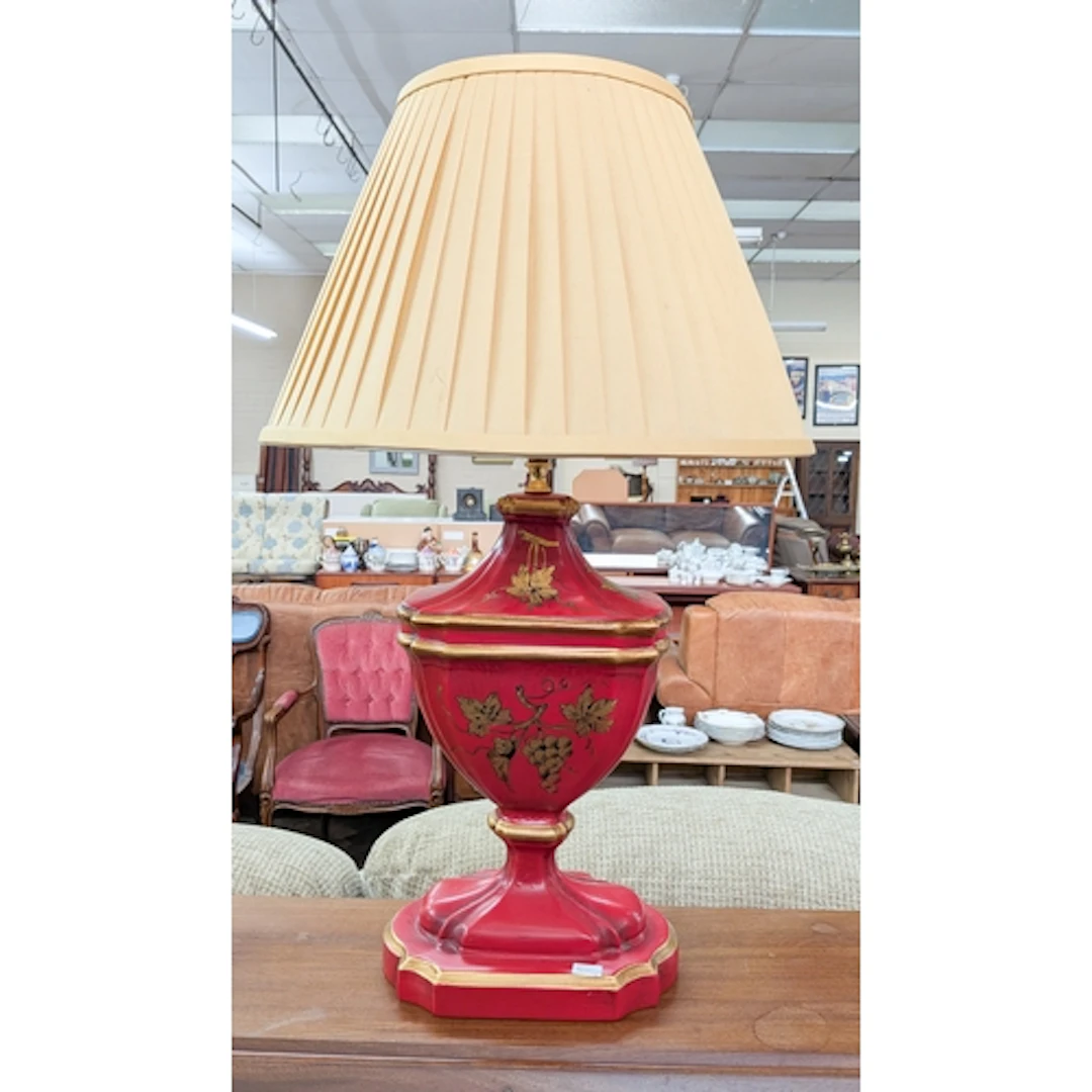 Red lacquer vase shaped table lamp with shade, 27" tall over...