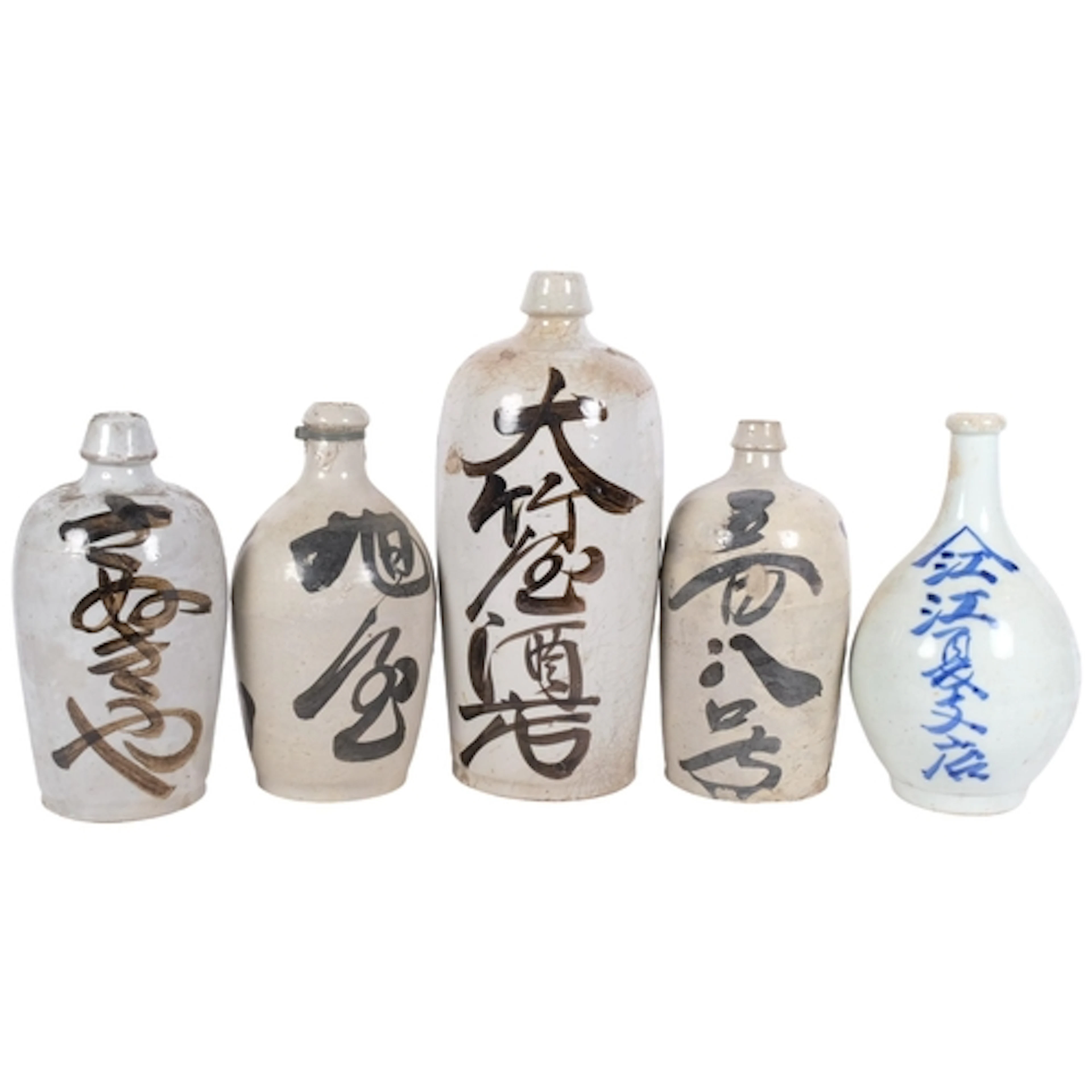 5 Vintage Japanese Sake bottles, tallest 37cm