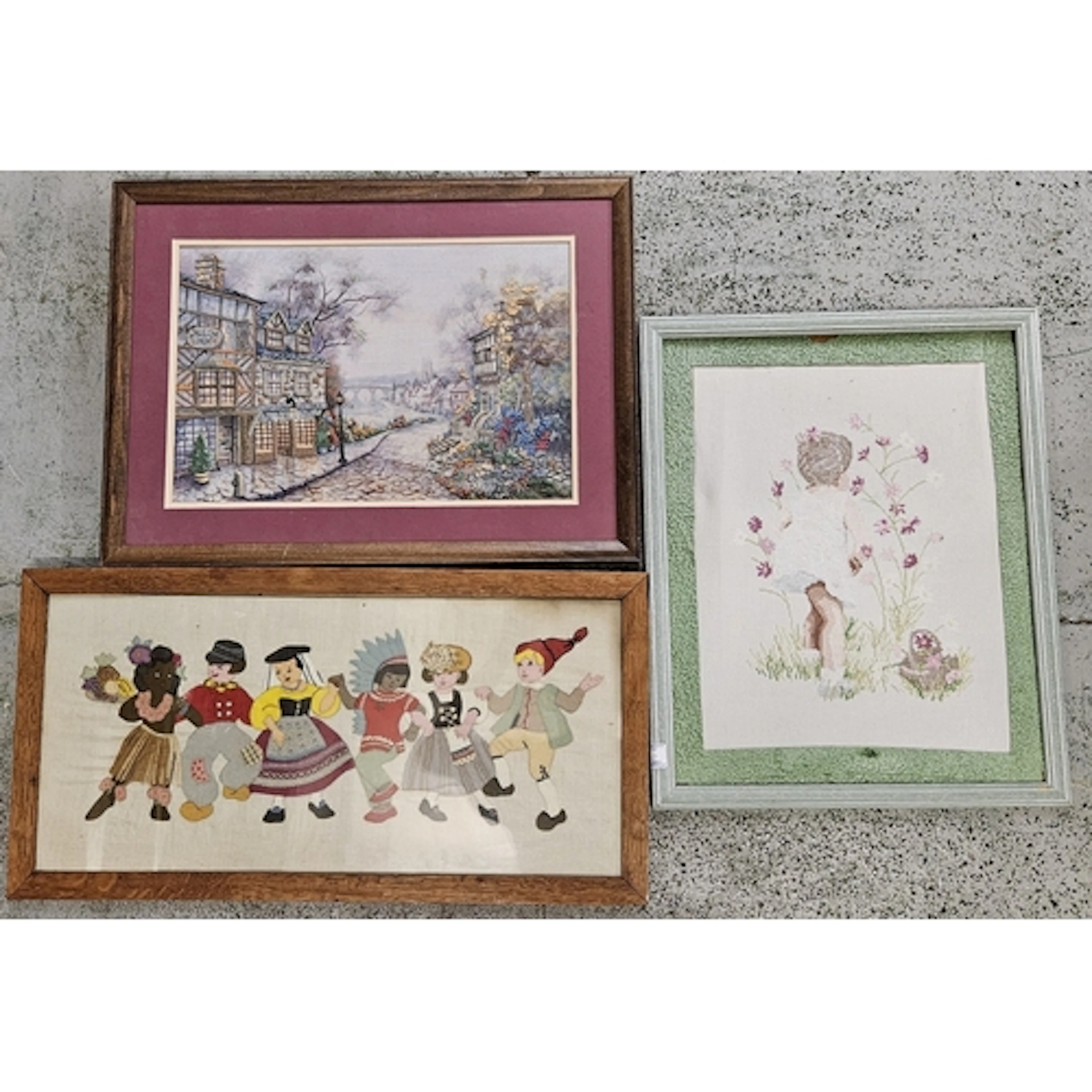 F/g Embroidery Dancing Children, framed needlework of a chil...