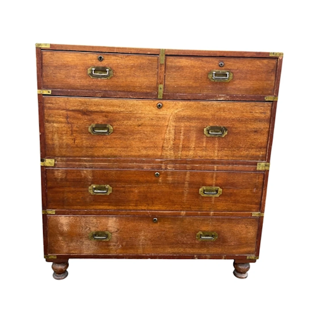 A 19TH CENTURY CAMPAIGN CHEST OF DRAWERS In two sections. 95...