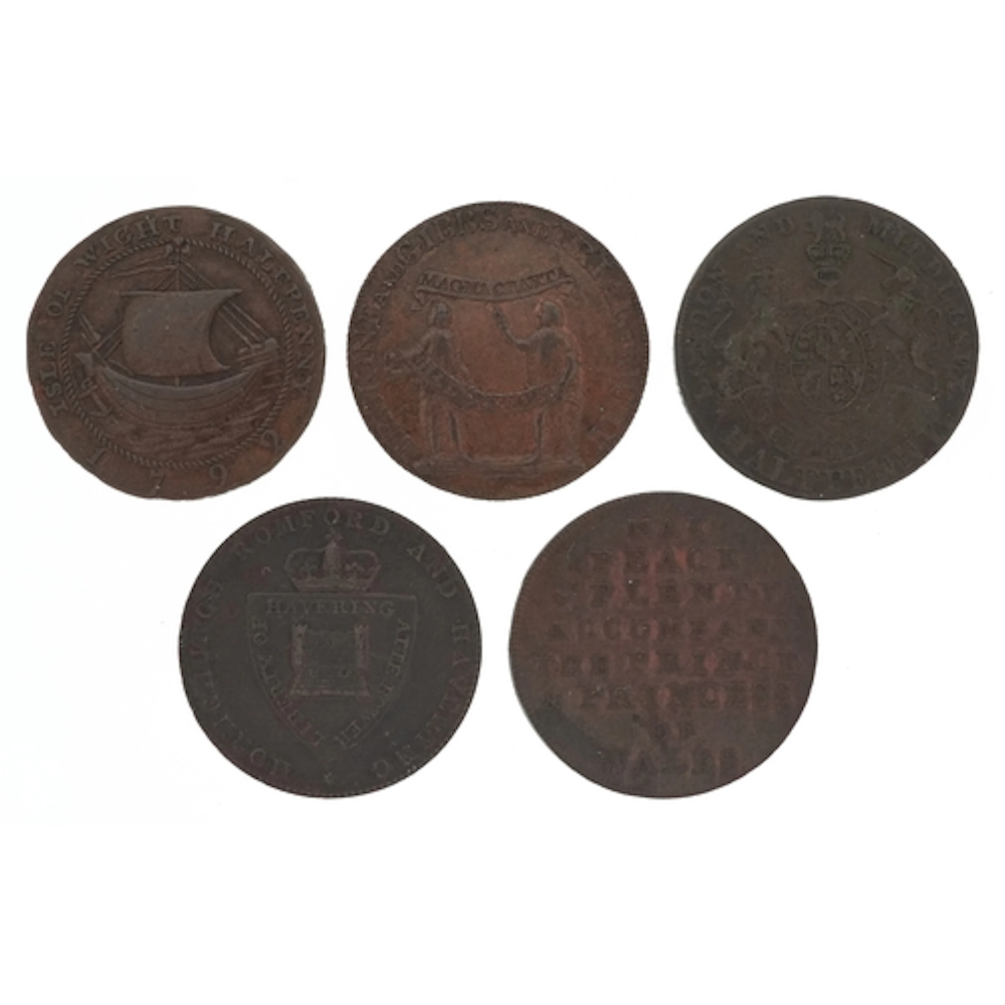 Five 18th century copper halfpenny tokens comprising and 18t...