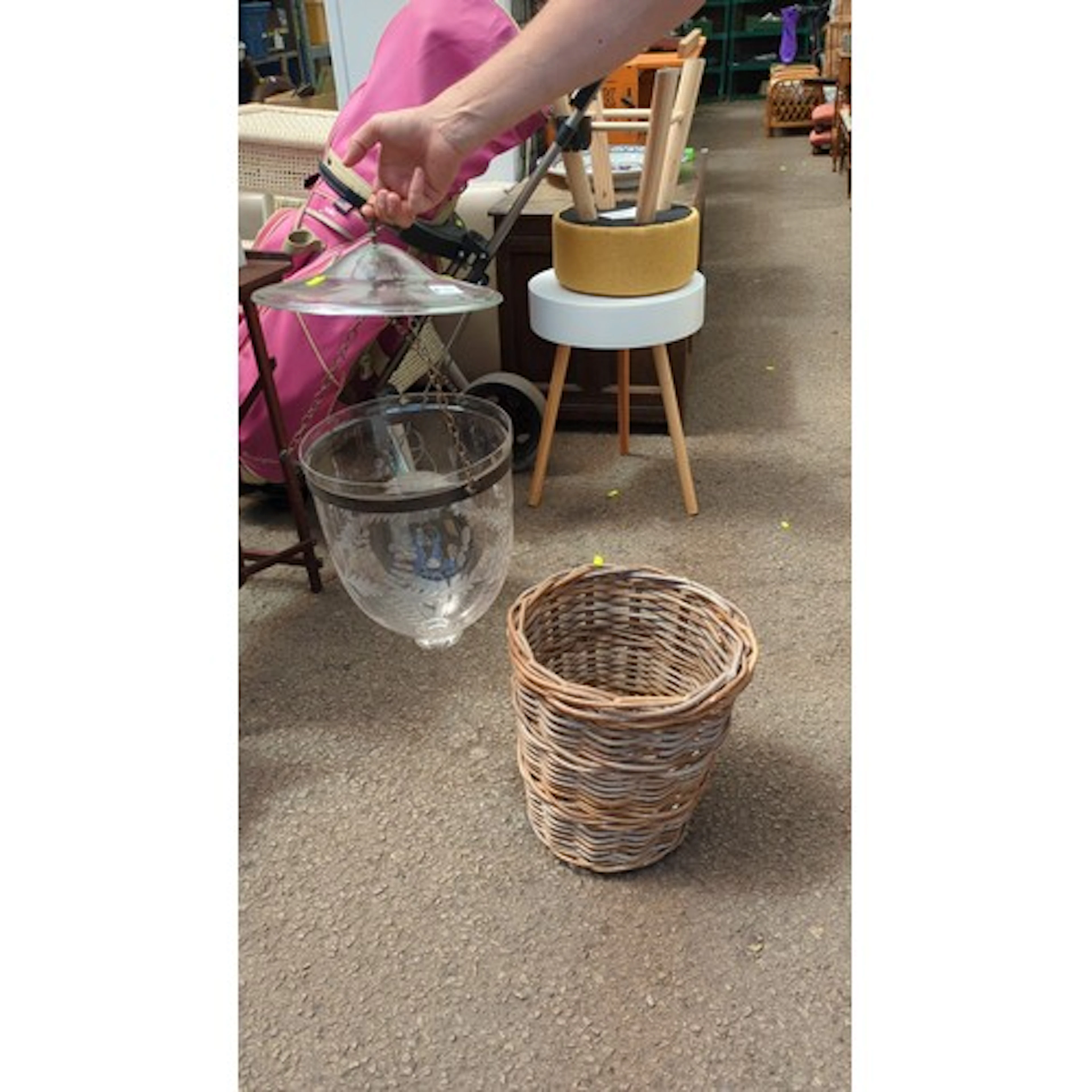Wicker-cased etched glass cooler, the bucket with grapevine ...