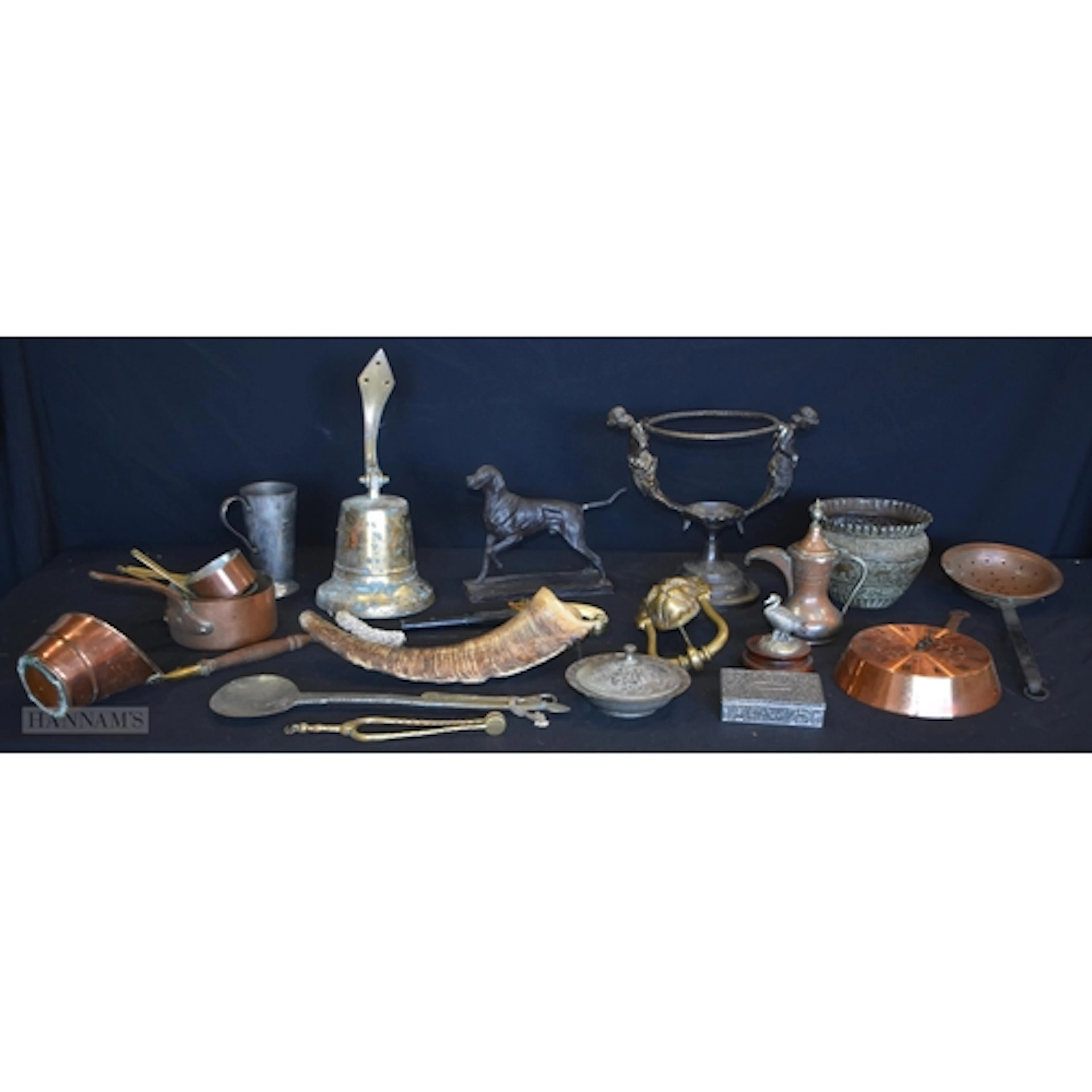 A group of assorted collectables, Copper pots, brass door kn...