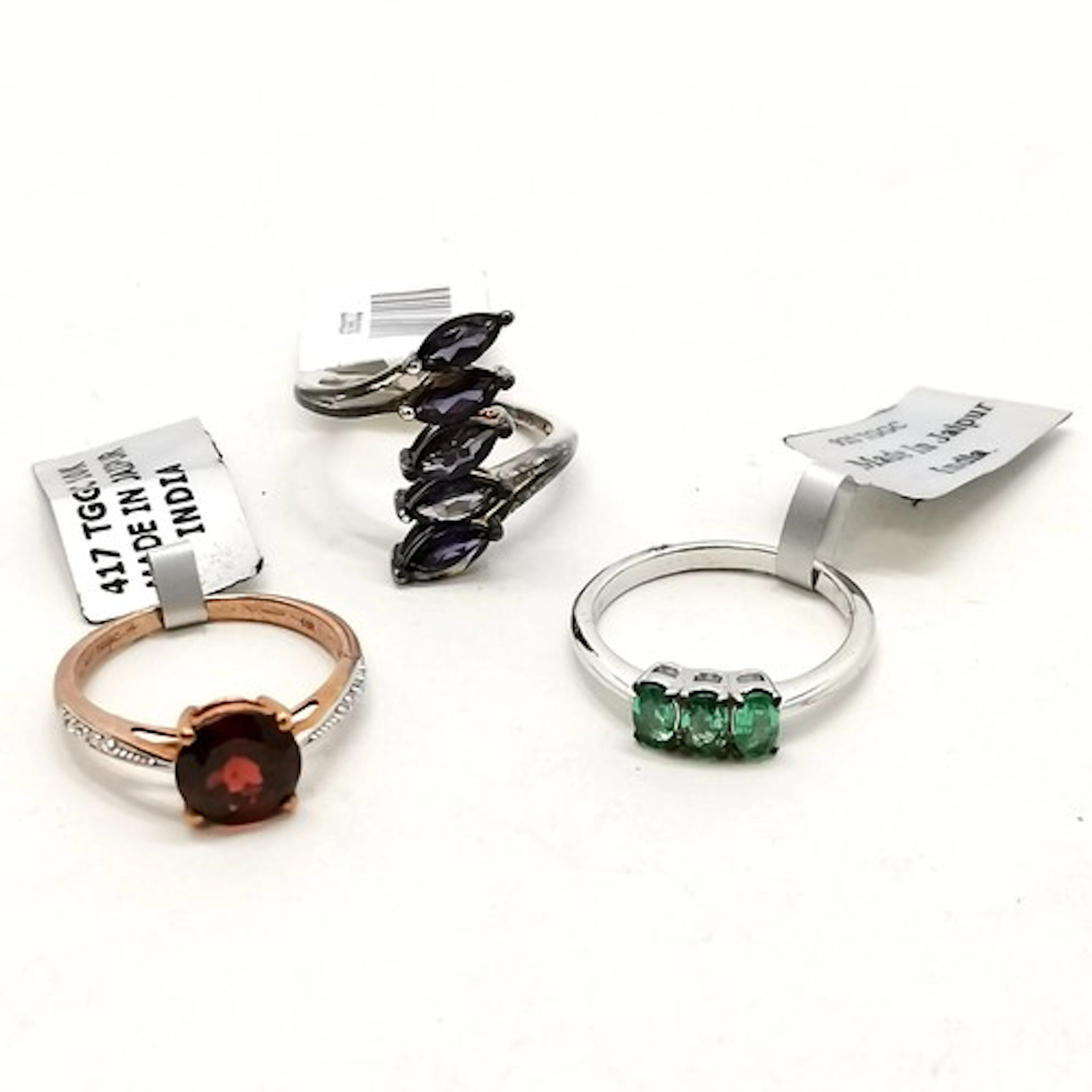 3 x silver gemstone set rings - Zambian emerald, Rajasthan g...
