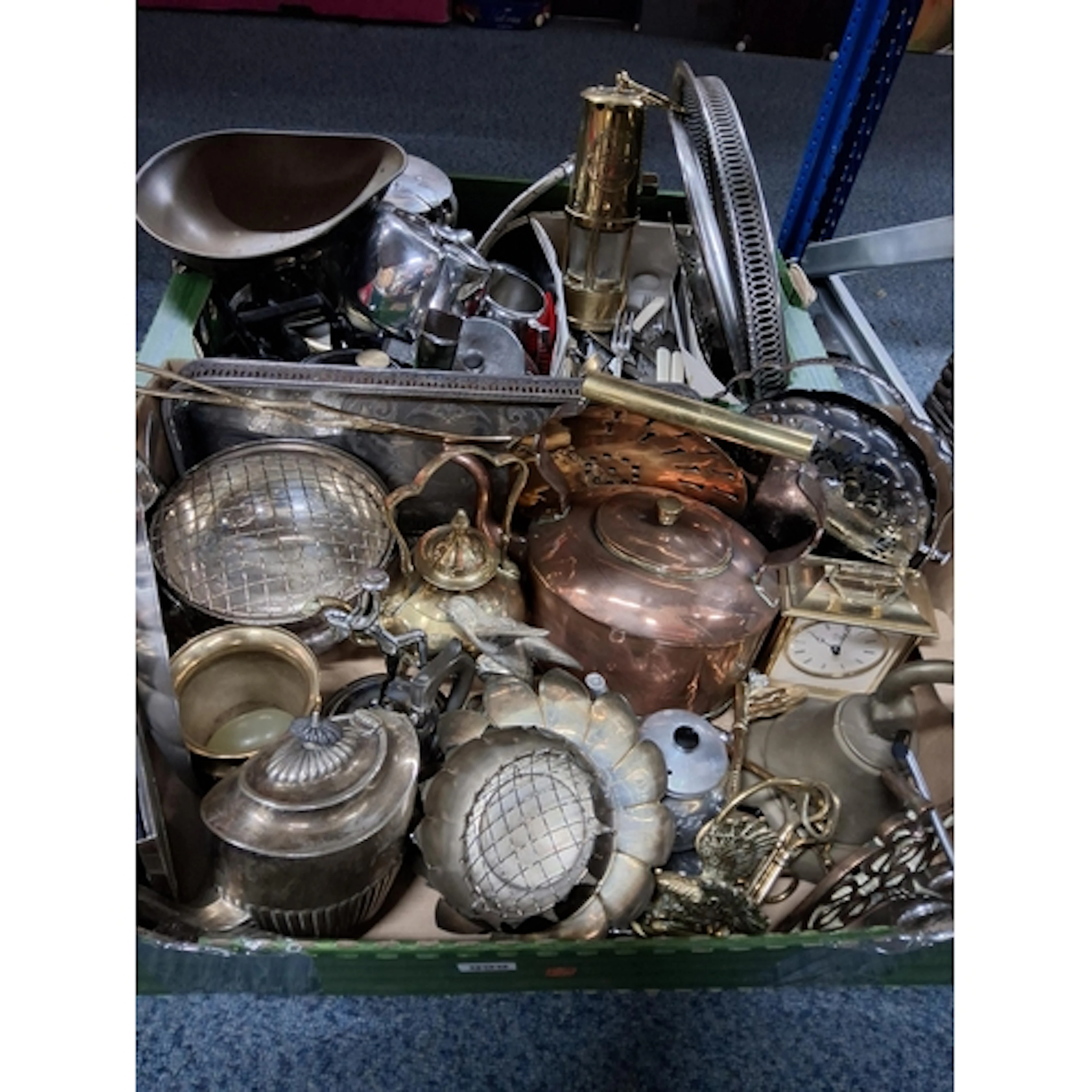 TWO BOXES OF METALWARES, to include a copper kettle, a brass...
