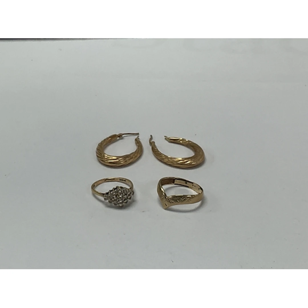 Two 9ct gold rings, one set with white chip stones, plus a p...