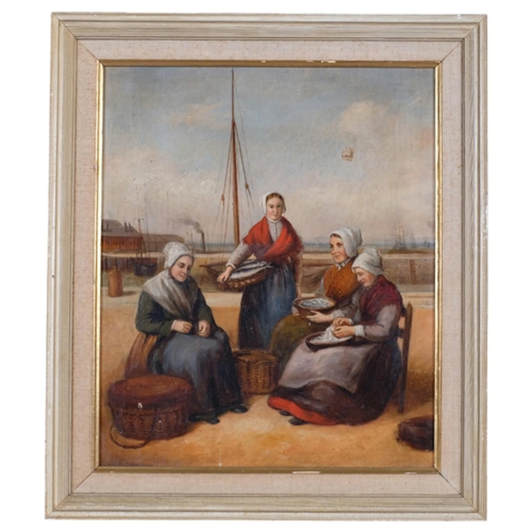 Fisherwomen sorting the catch, 19th century oil on canvas, u...