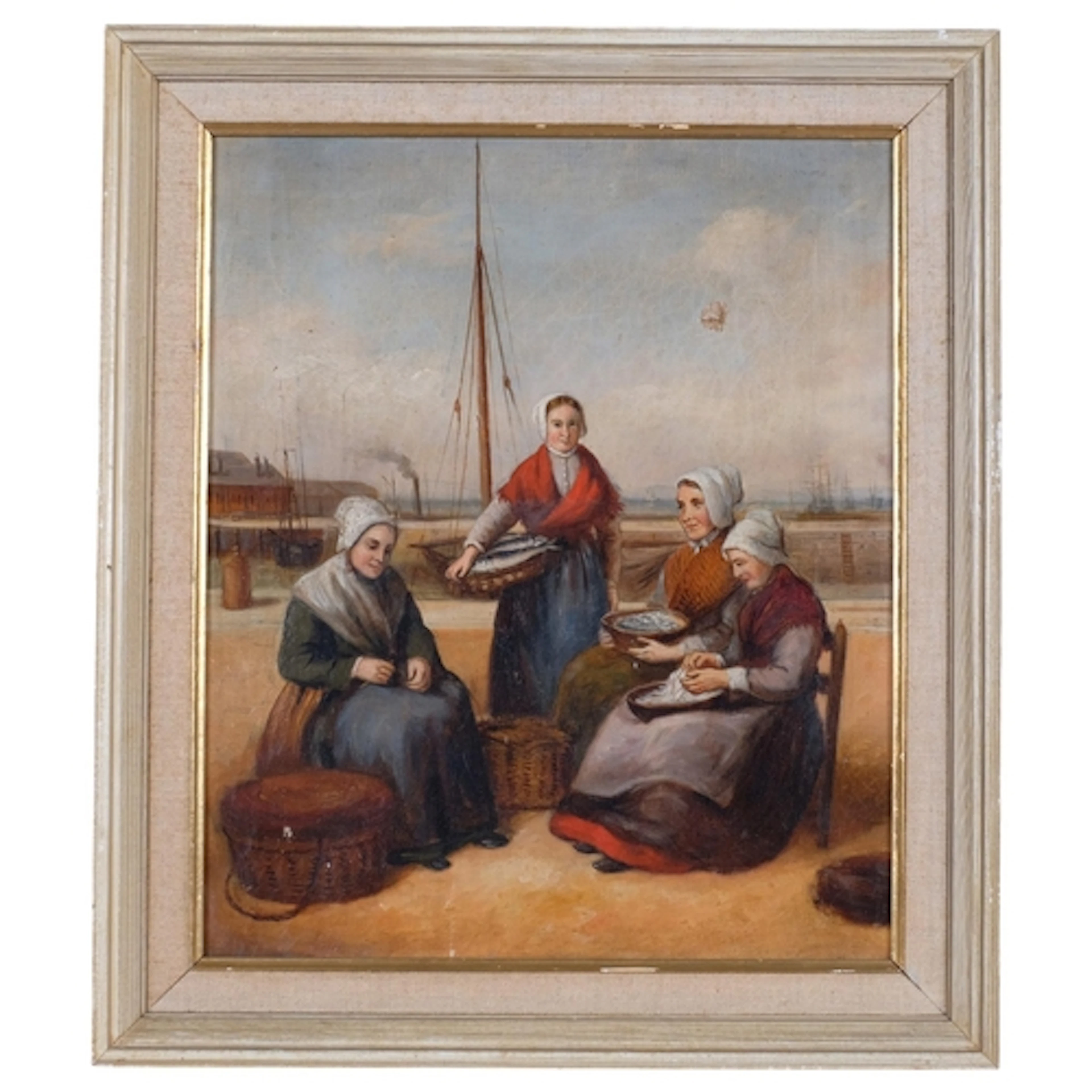 Fisherwomen sorting the catch, 19th century oil on canvas, u...