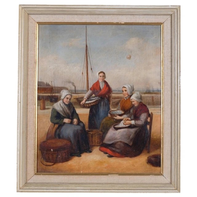 Fisherwomen sorting the catch, 19th century oil on canvas, u...