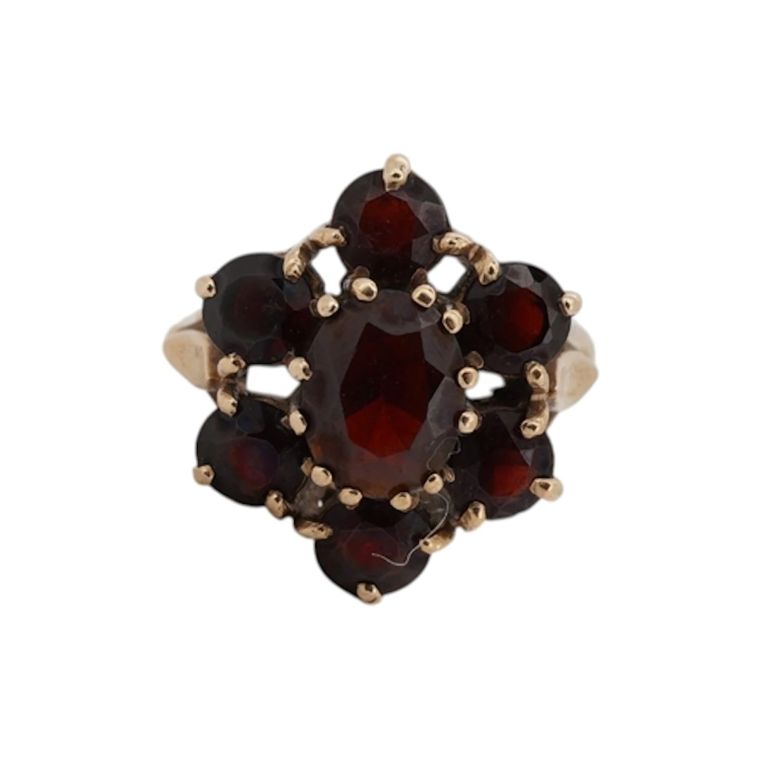 A 9ct and seven stone garnet cluster ring, size P, gross wei...