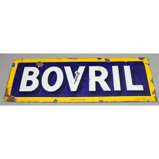 Vintage enamel sign: Large Bovril sign, white lettering on b...