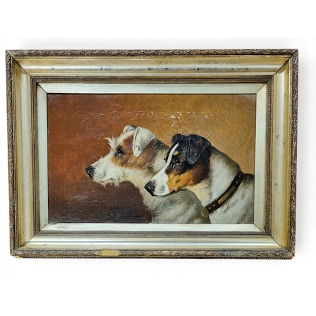 JH Wheeler. A 20th century Oil on Canvas of two Terriers sig...