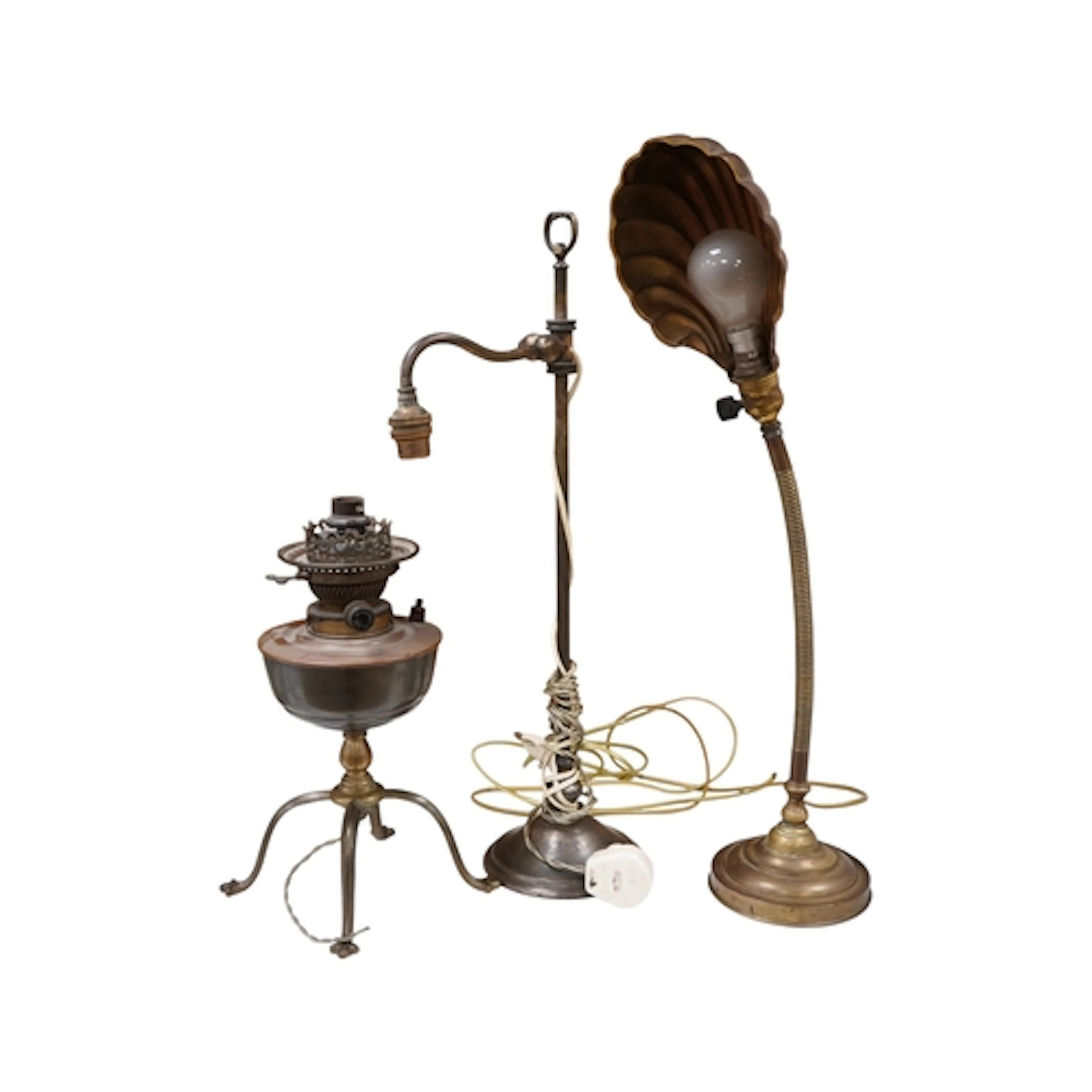 Three table lamps, comprising an early 20th century adjustab...