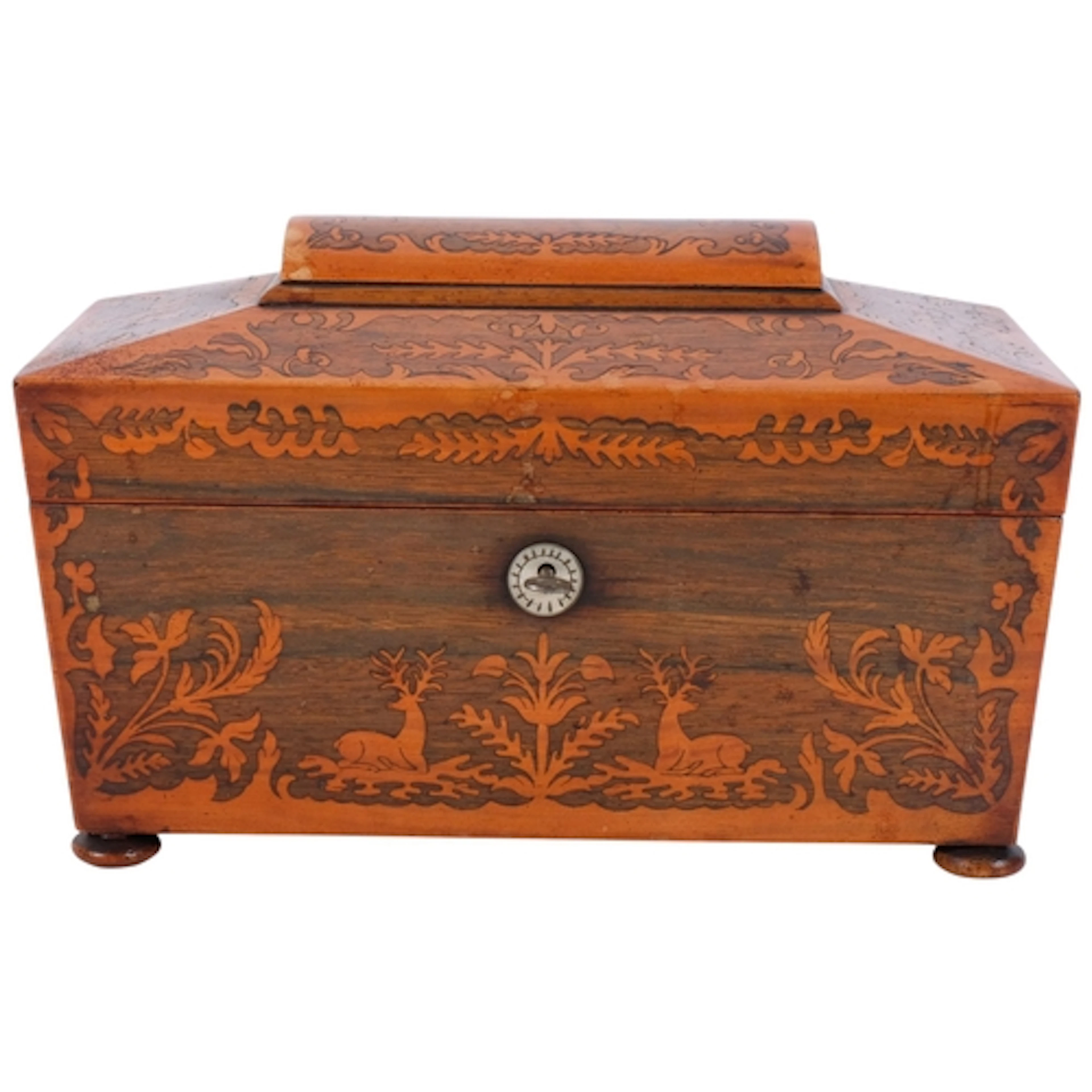 A 19th century marquetry-work tea sarcophagus caddy, with st...