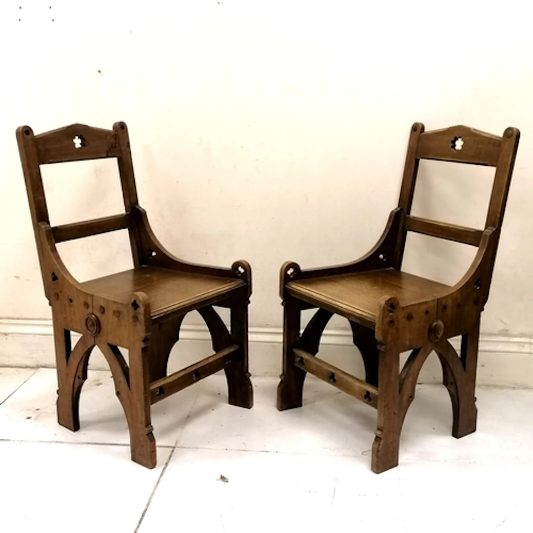 Pair of antique Gothic oak library chairs 88cm high x 46cm w...