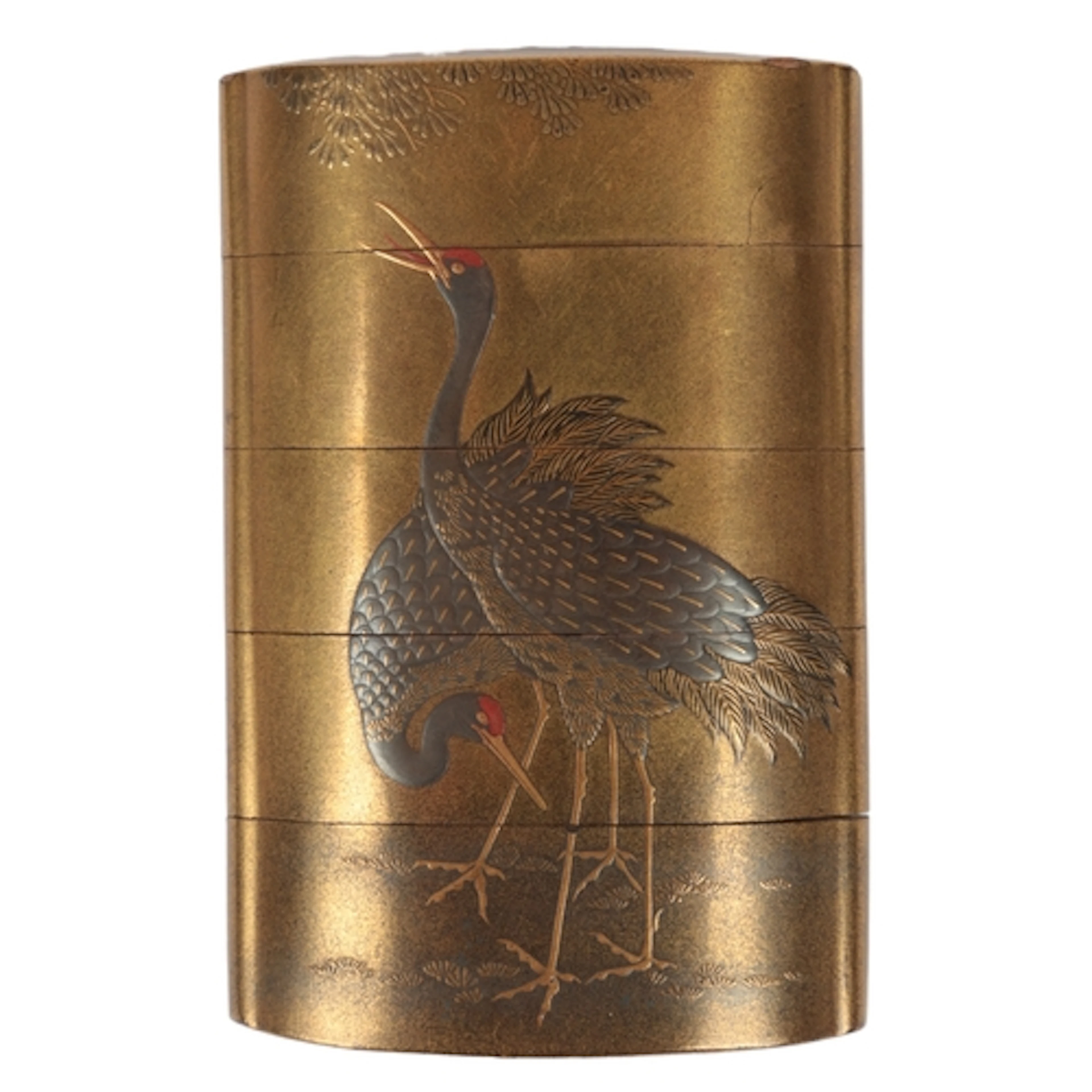 A Japanese lacquer 'immortal and cranes' four case inro, Kaj...