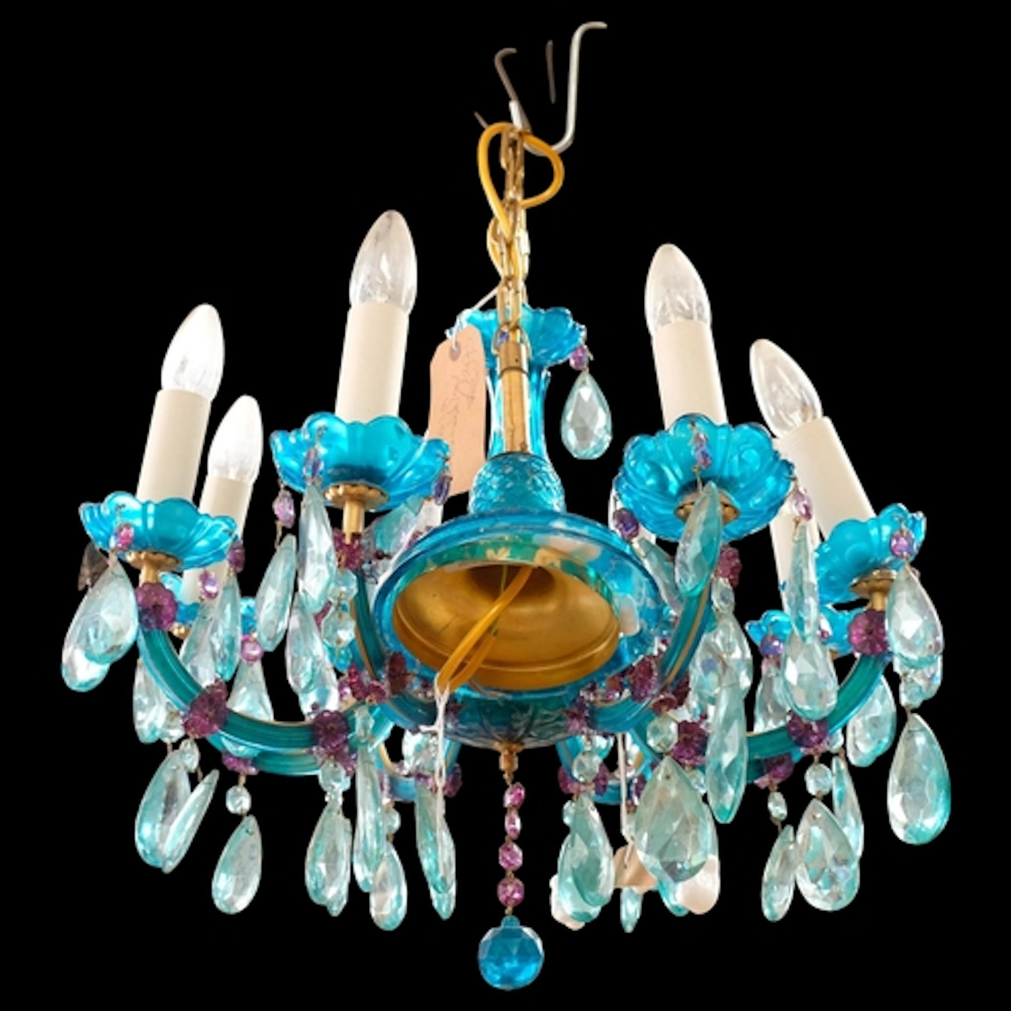 A coloured glass and crystal 8-branch Italian design chandel...