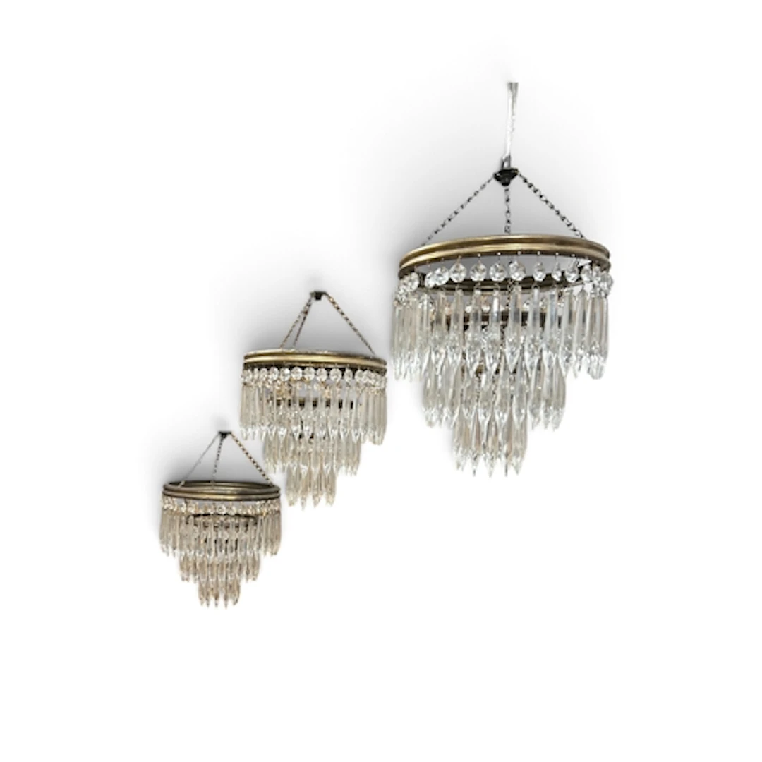 A SET OF THREE 1920S THREE TIER WATERFALL CRYSTAL CHANDELIER...