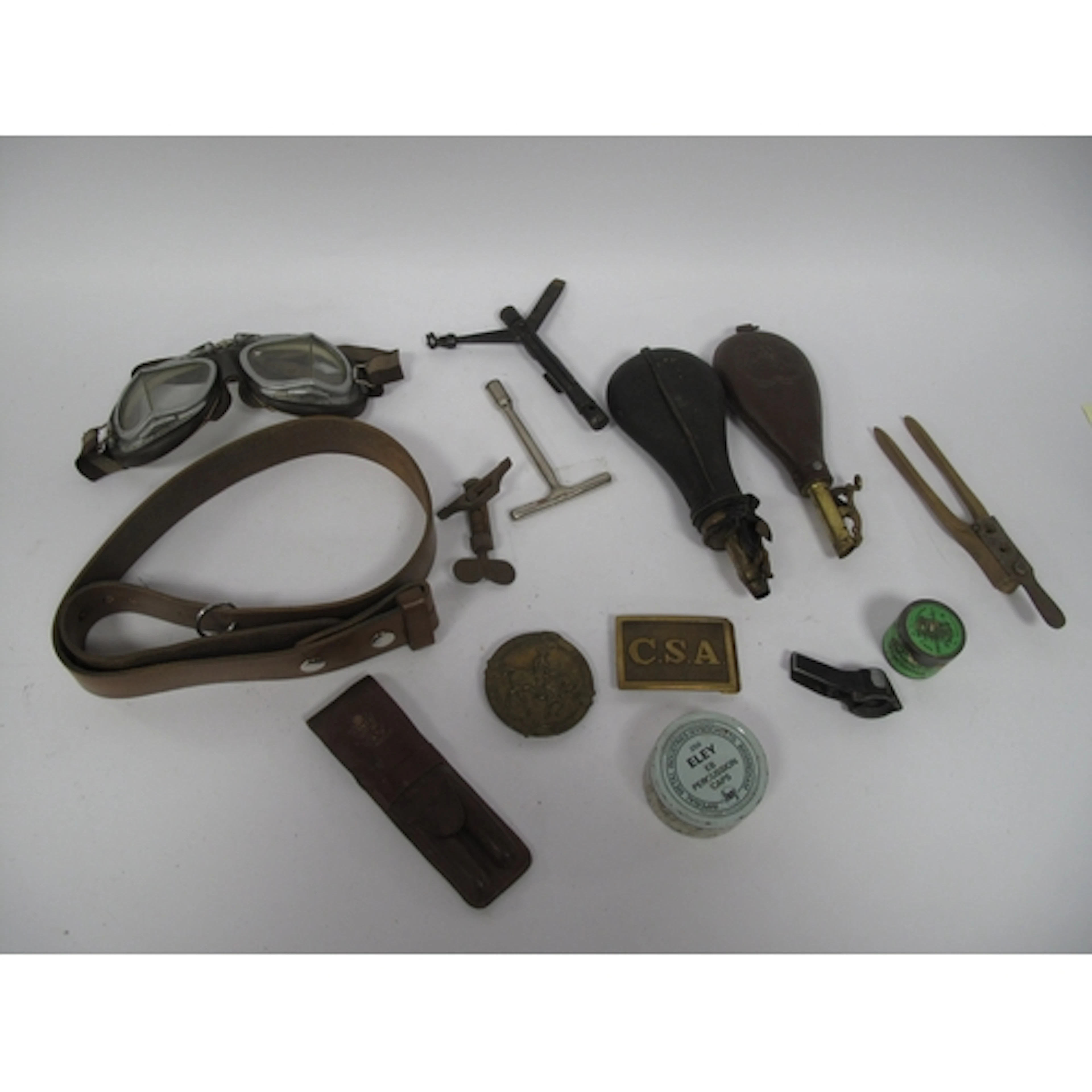 Vintage Stadium Motorcycle or Aviation Goggles, powder flask...