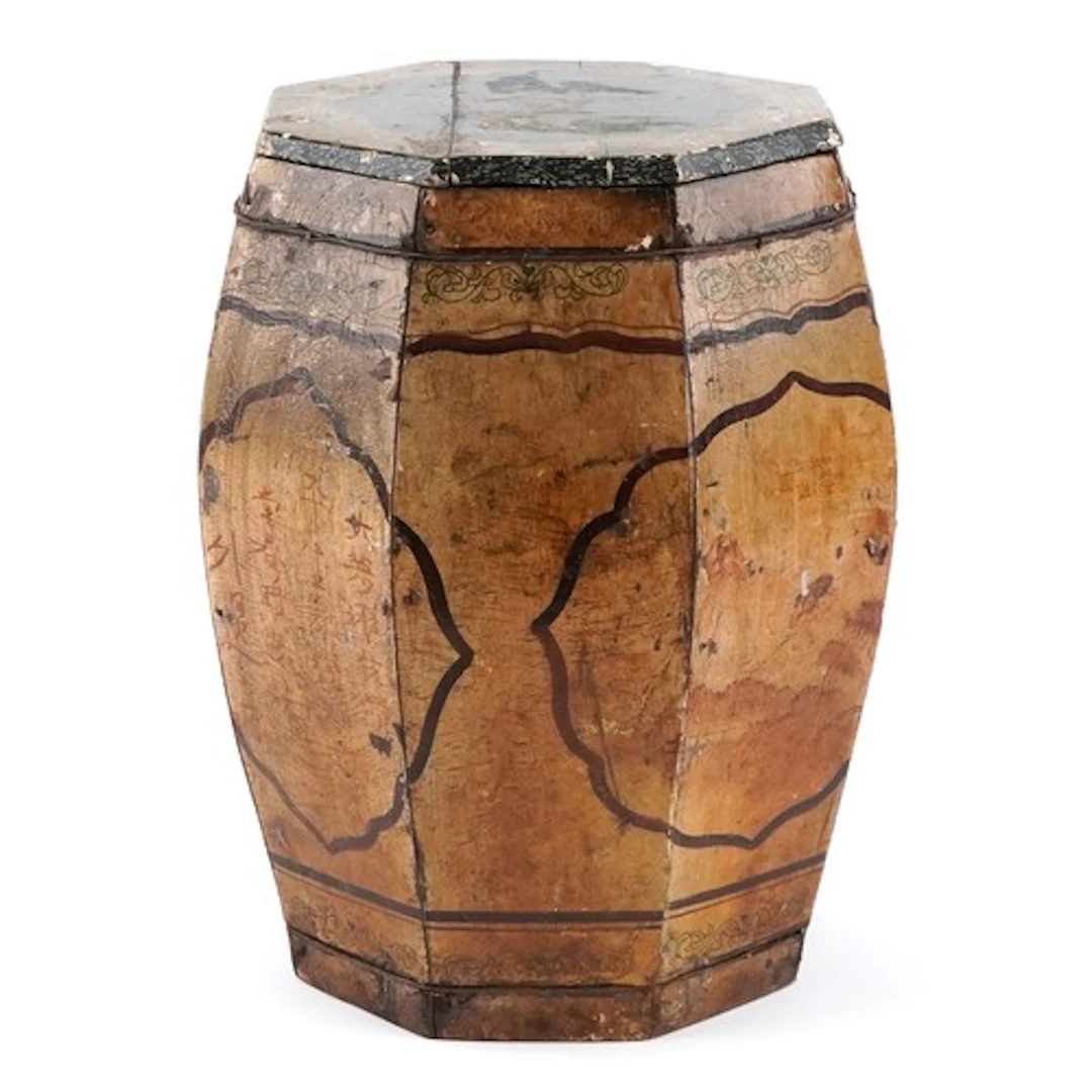 Large Chinese octagonal wire bound wooden rice barrel hand p...
