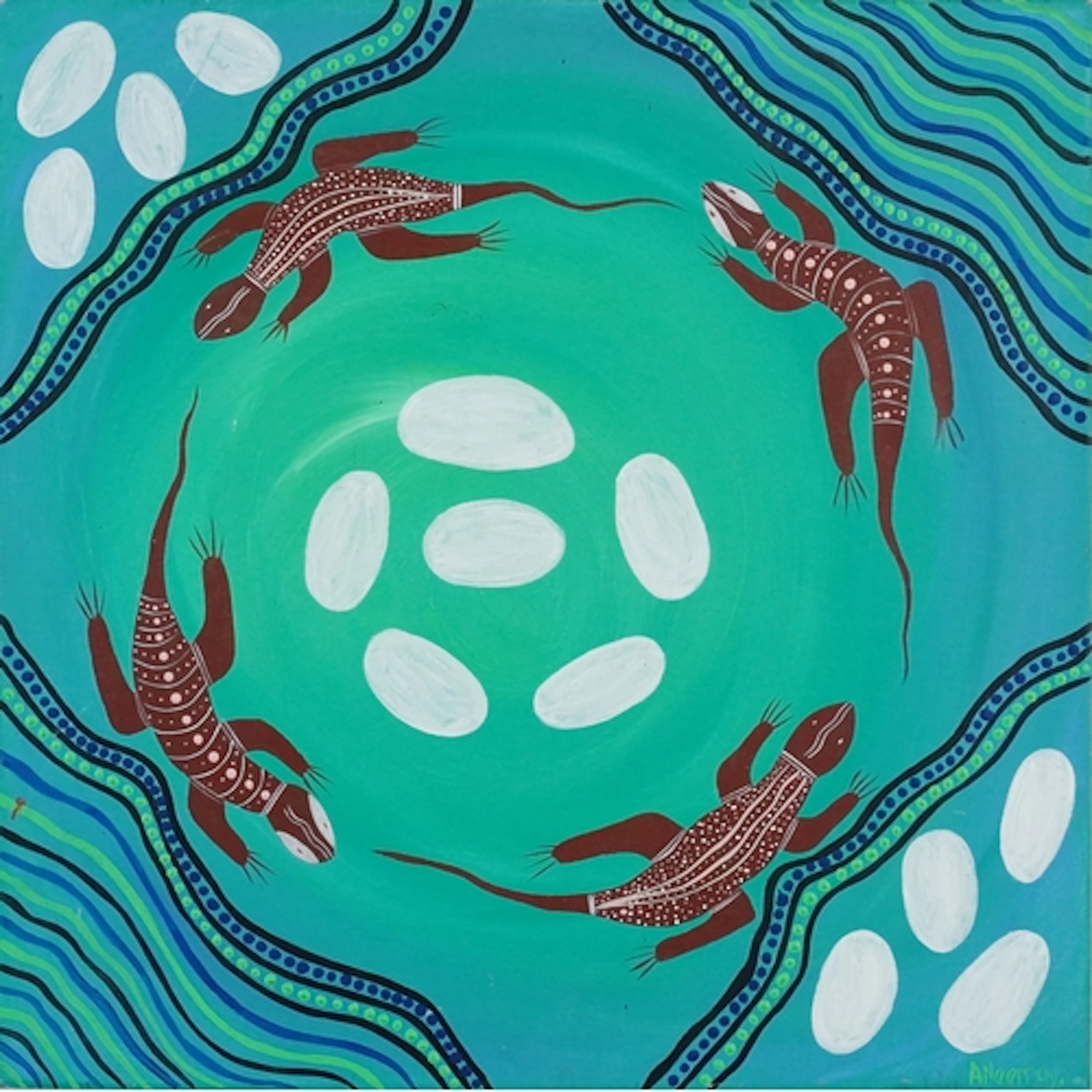 Aileemay - Aboriginal lizards, Australian school oil on canv...