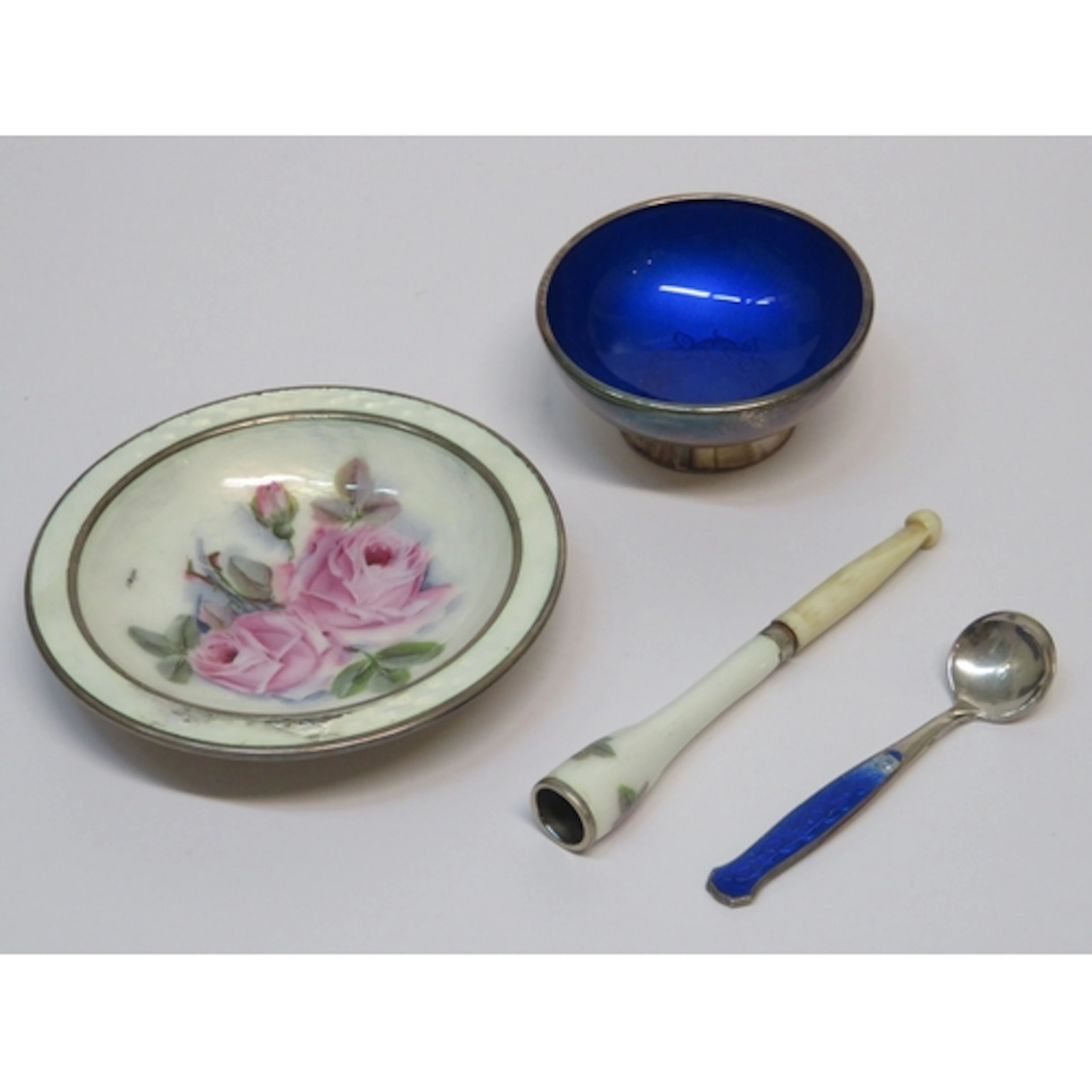 Miniature sterling silver and enamel bowl, decorated with ro...