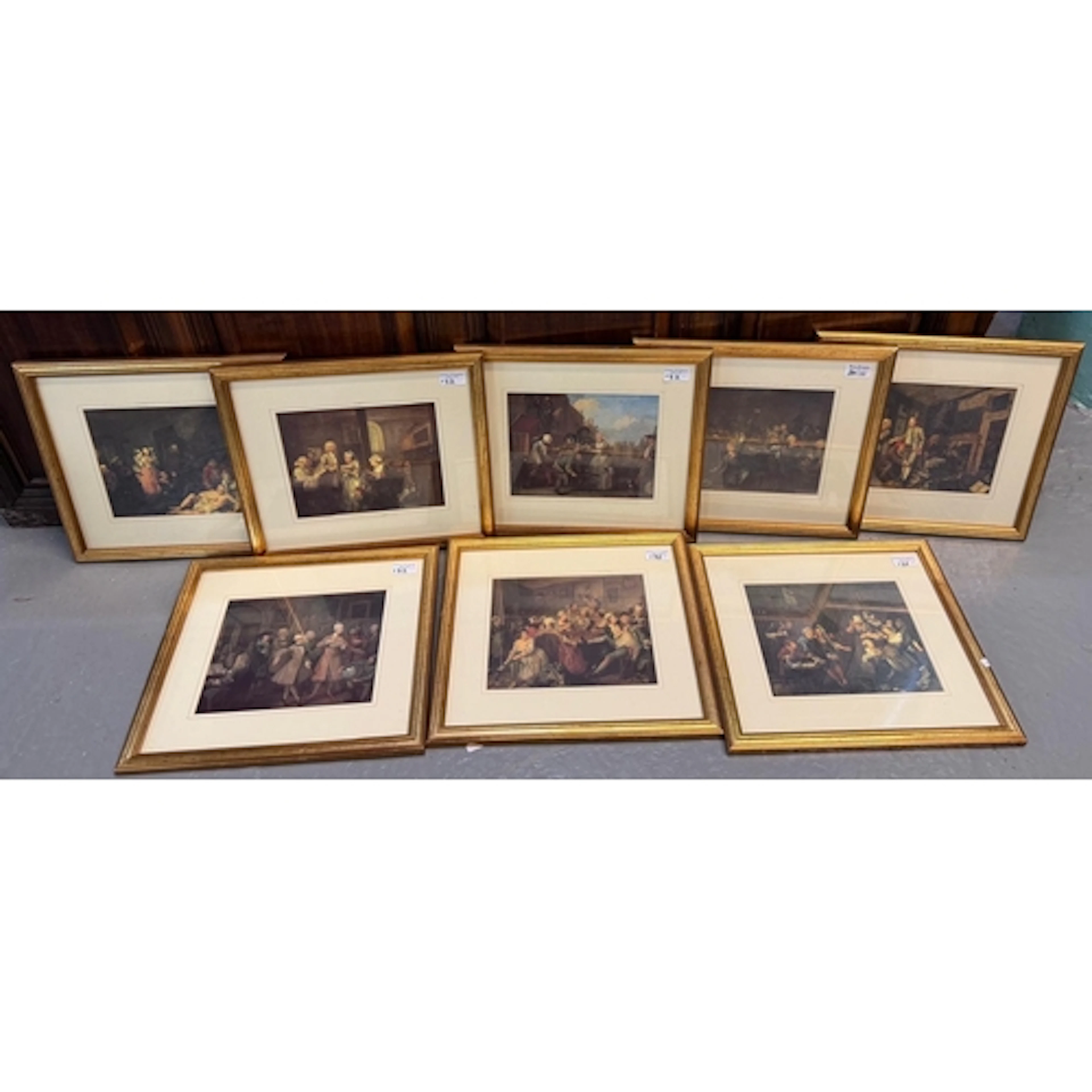 Set of eight modern coloured prints depicting figures in 18t...