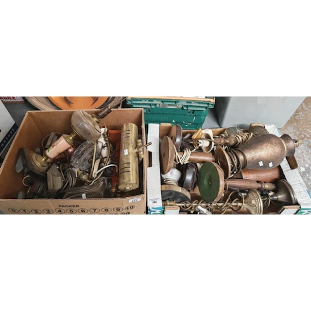 Two boxes of mainly table lamp bases of silver plated form, ...