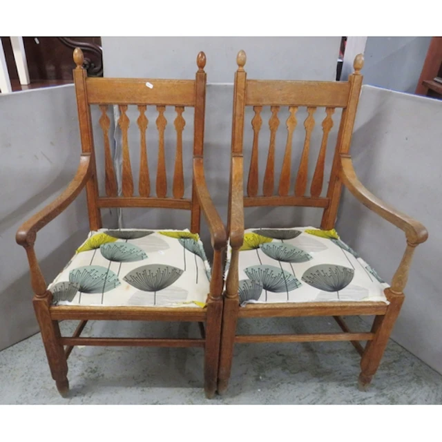 Pair Vintage Oak Arts & Crafts Style Armchairs, upholstered ...
