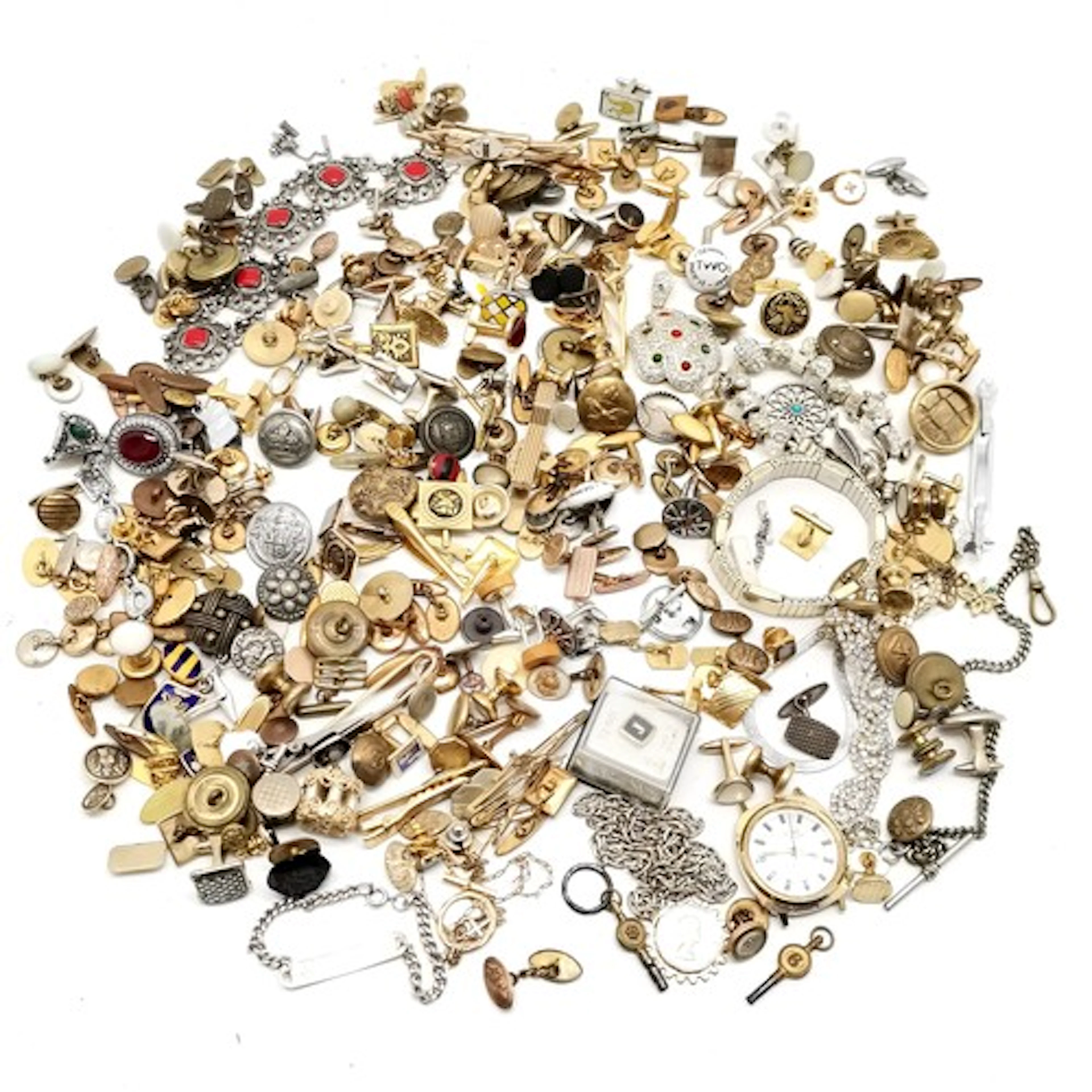 Large qty of unsorted cufflinks, military buttons, tieslides...