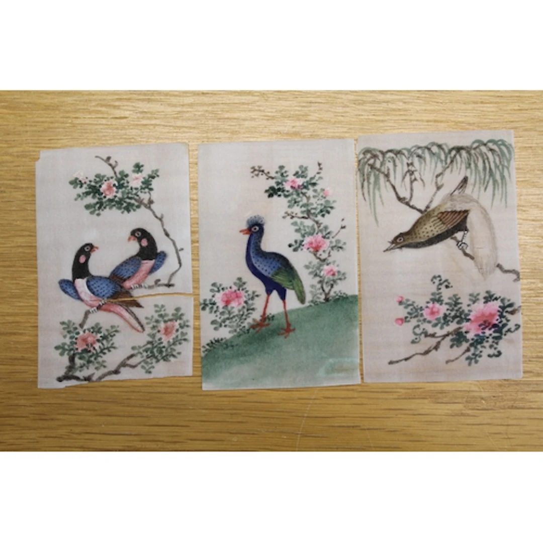 Group of ten miniature Chinese watercolour paintings on rice...