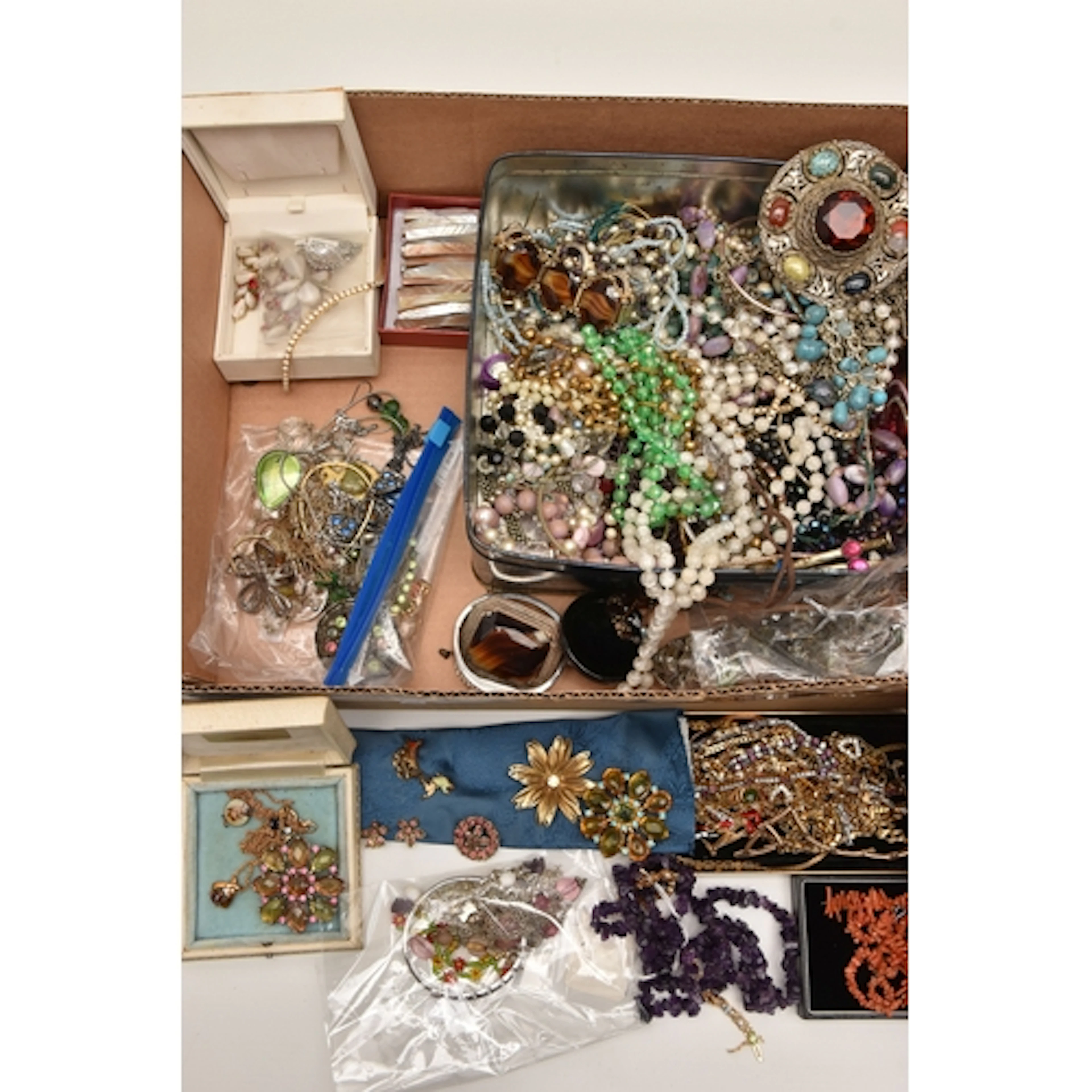 A BOX OF ASSORTED COSTUME JEWELLERY, to include two 'Joan Ri...