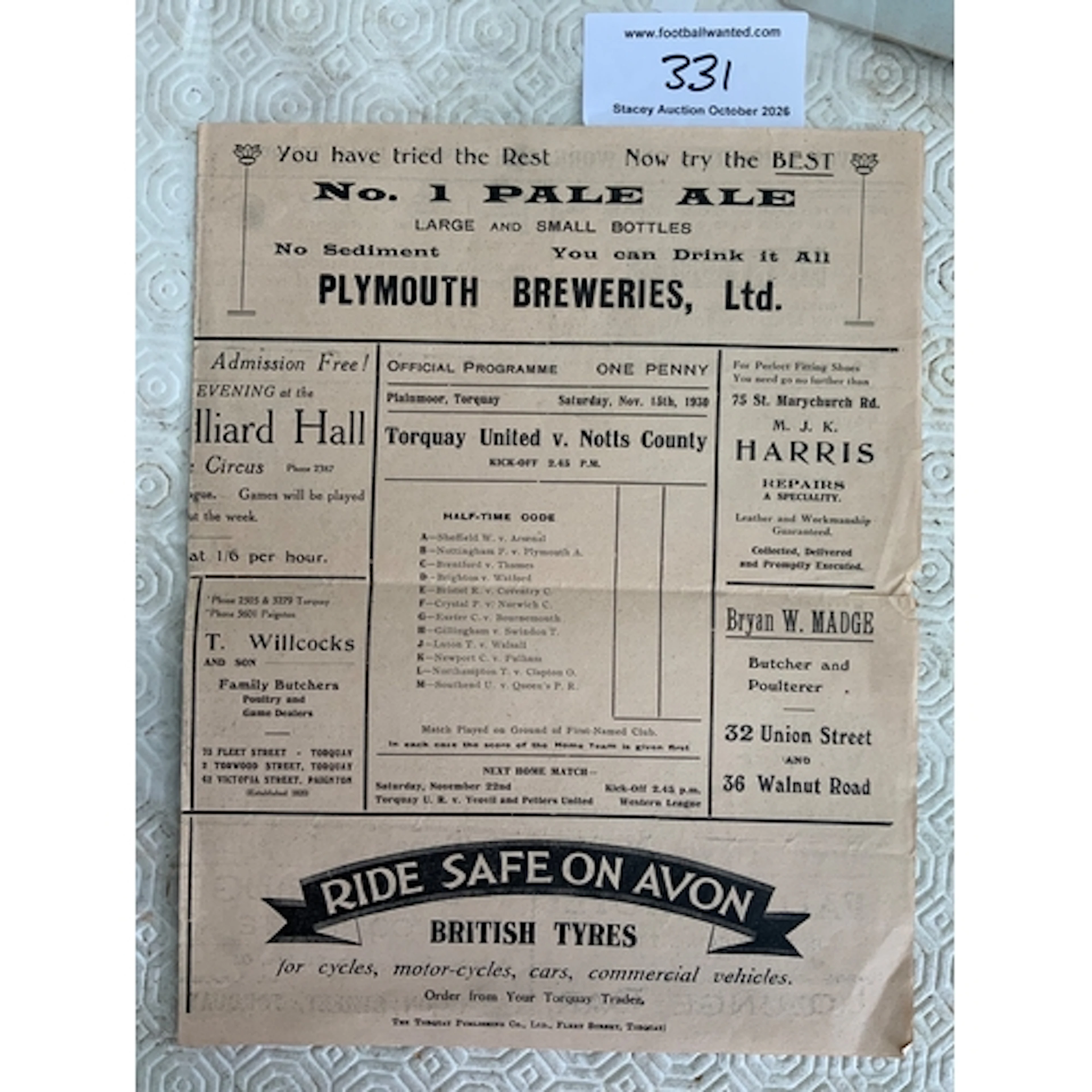 1930 - 1931 Torquay United v Notts County Football Programme...