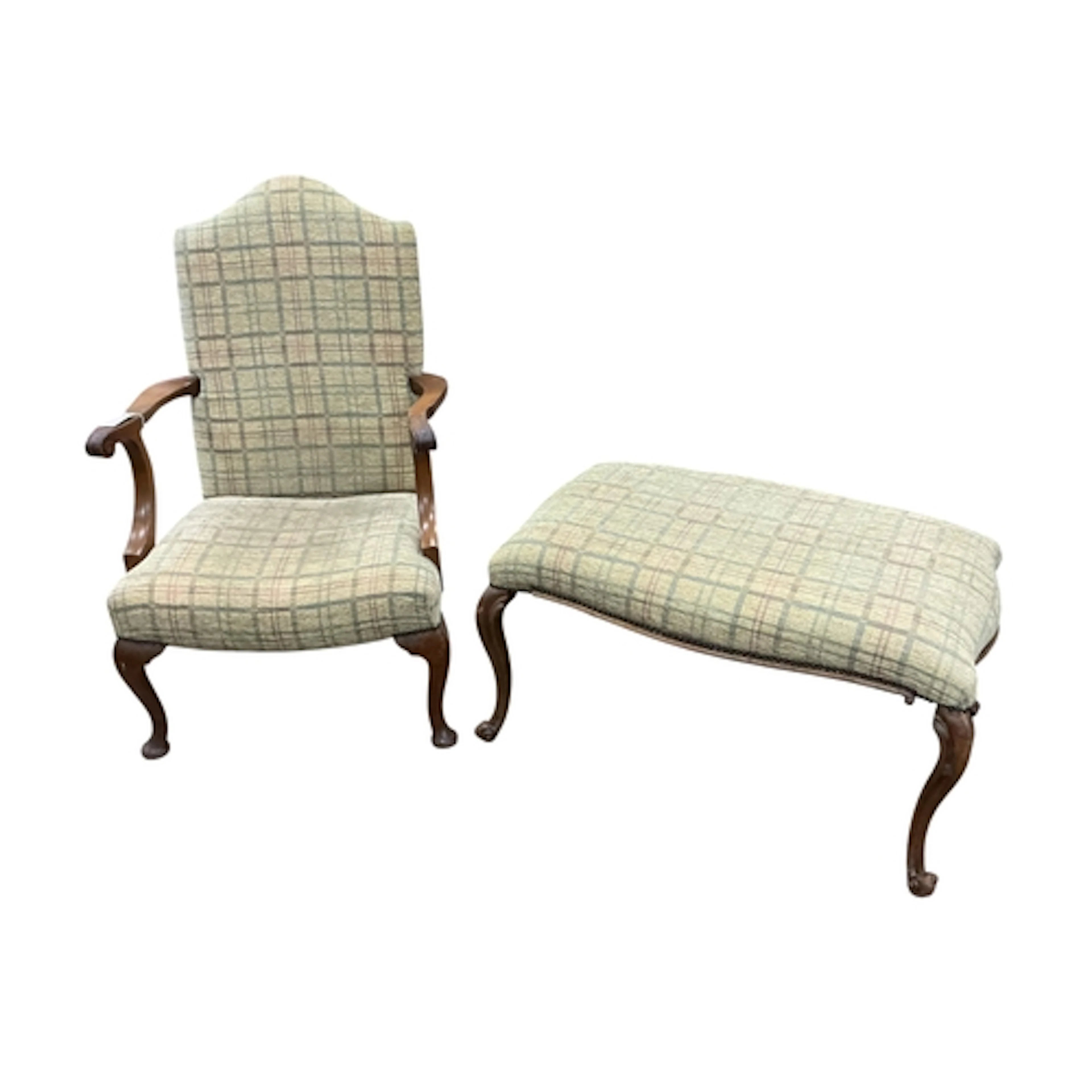 A Victorian walnut dressing stool and an elbow chair, stool ...