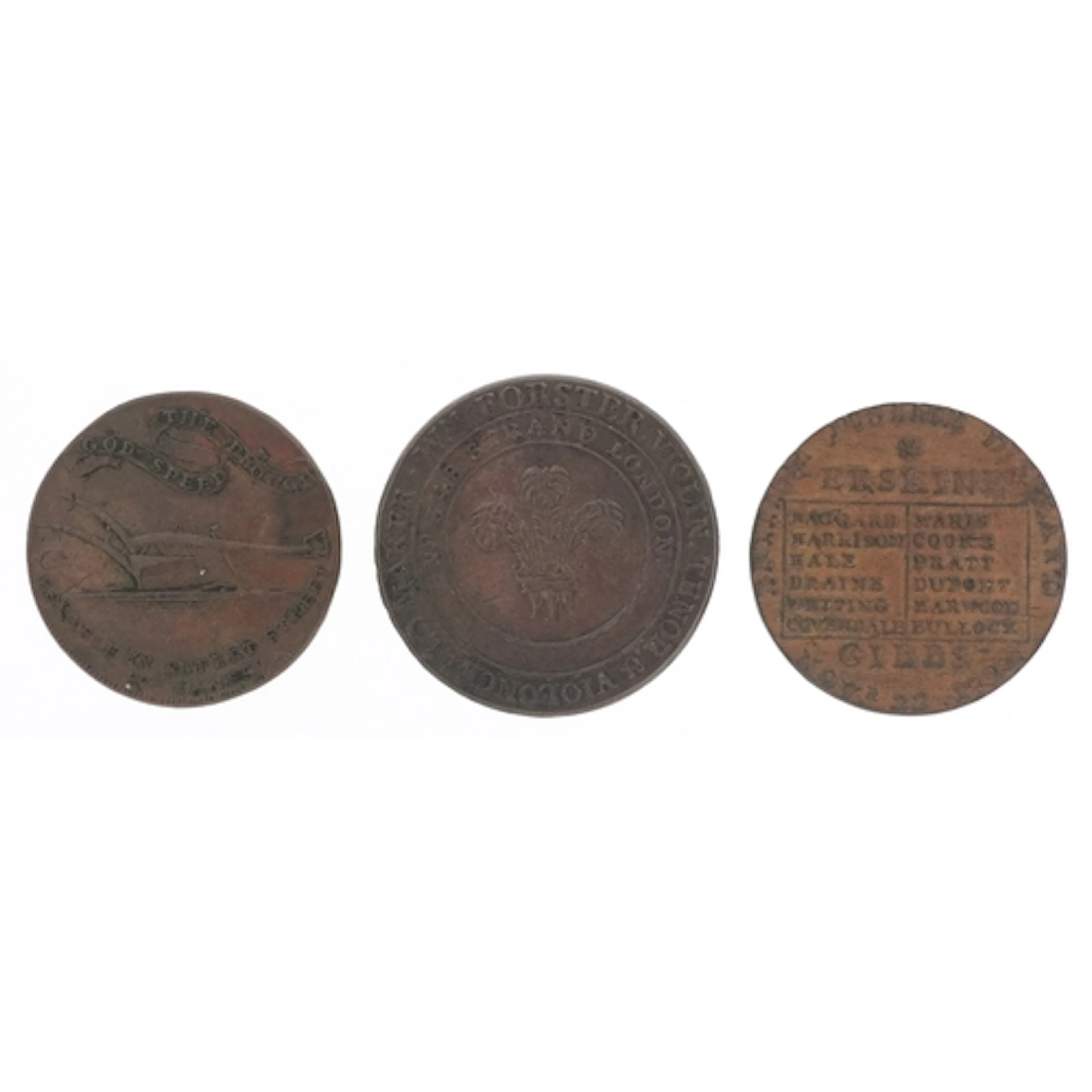 Three 18th century copper halfpenny tokens including a Willi...