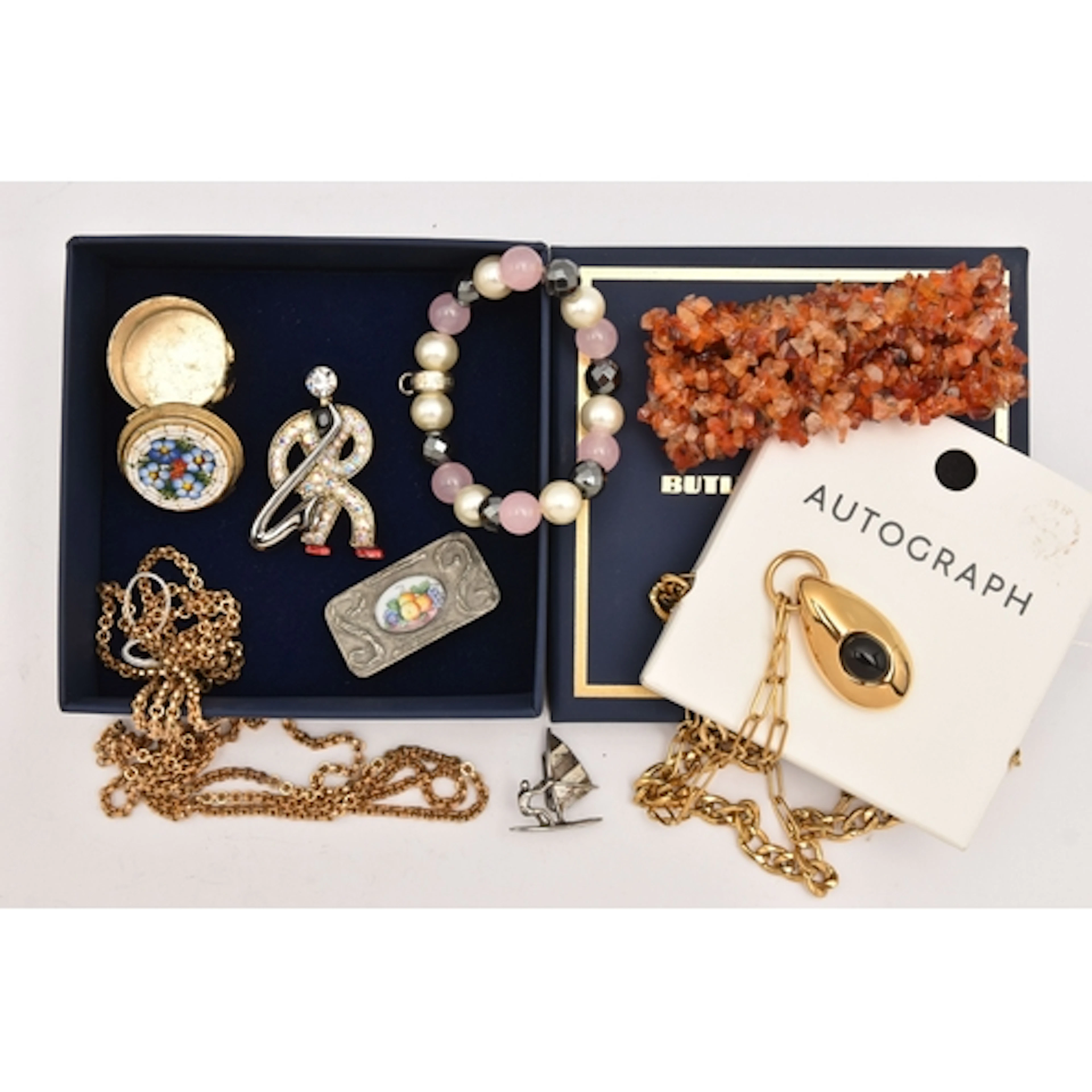 A SMALL BOX OF ITEMS, to include a boxed 'Butler & Wilso...