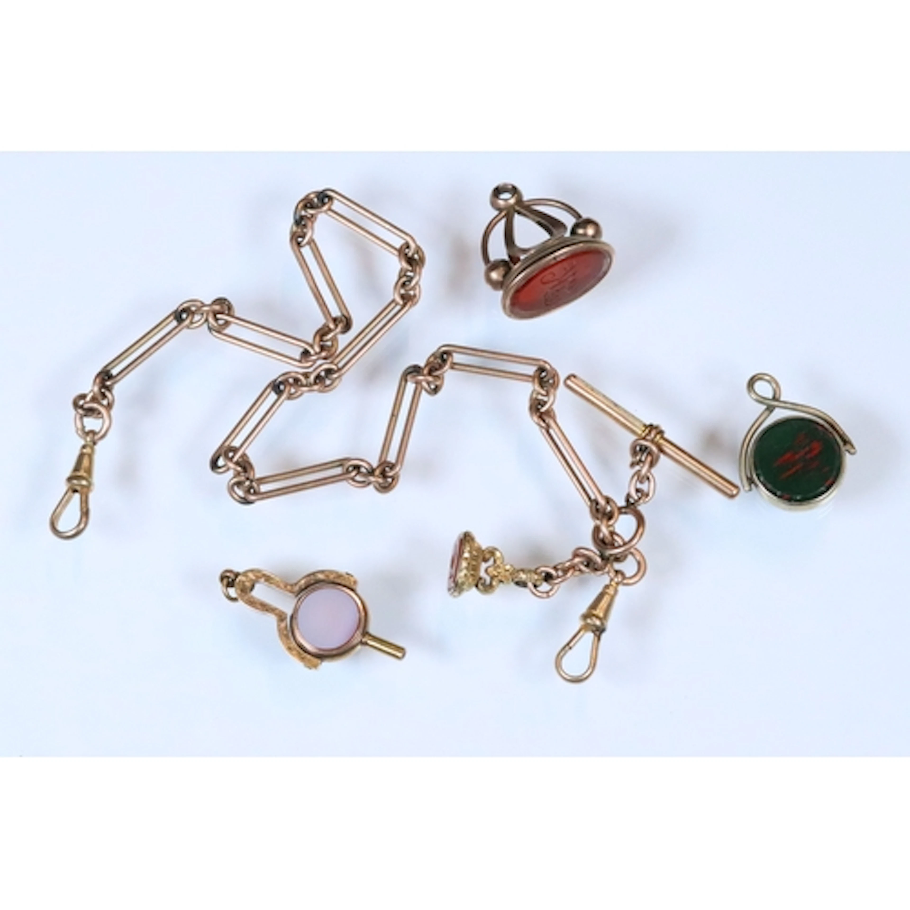 Rolled gold pocket watch chain with T bar and swivel clasps,...