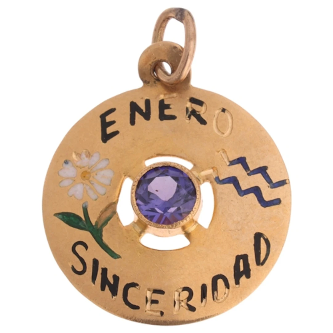 A Spanish gold amethyst and enamel astrological disc pendant...