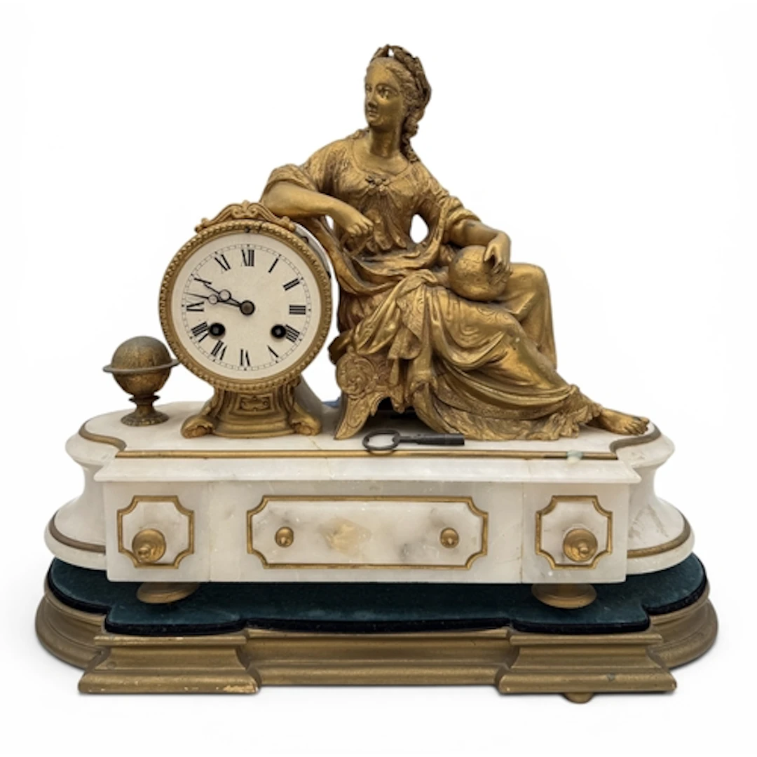 A 19TH CENTURY FRENCH GILT METAL ALABASTER CLOCK 45cm x 38cm...