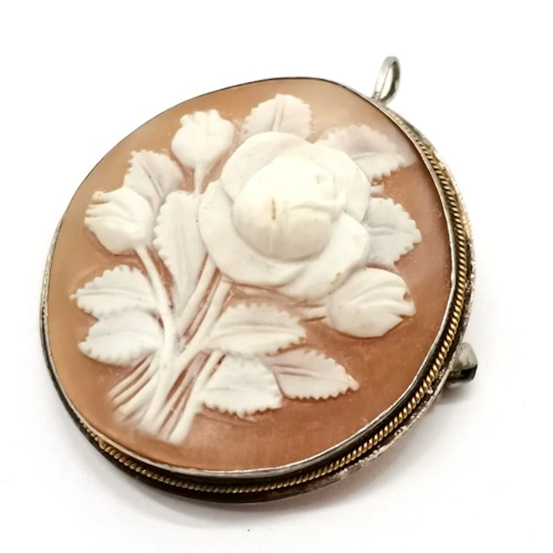 Antique silver marked cameo brooch of a rose - 3.5cm diamete...