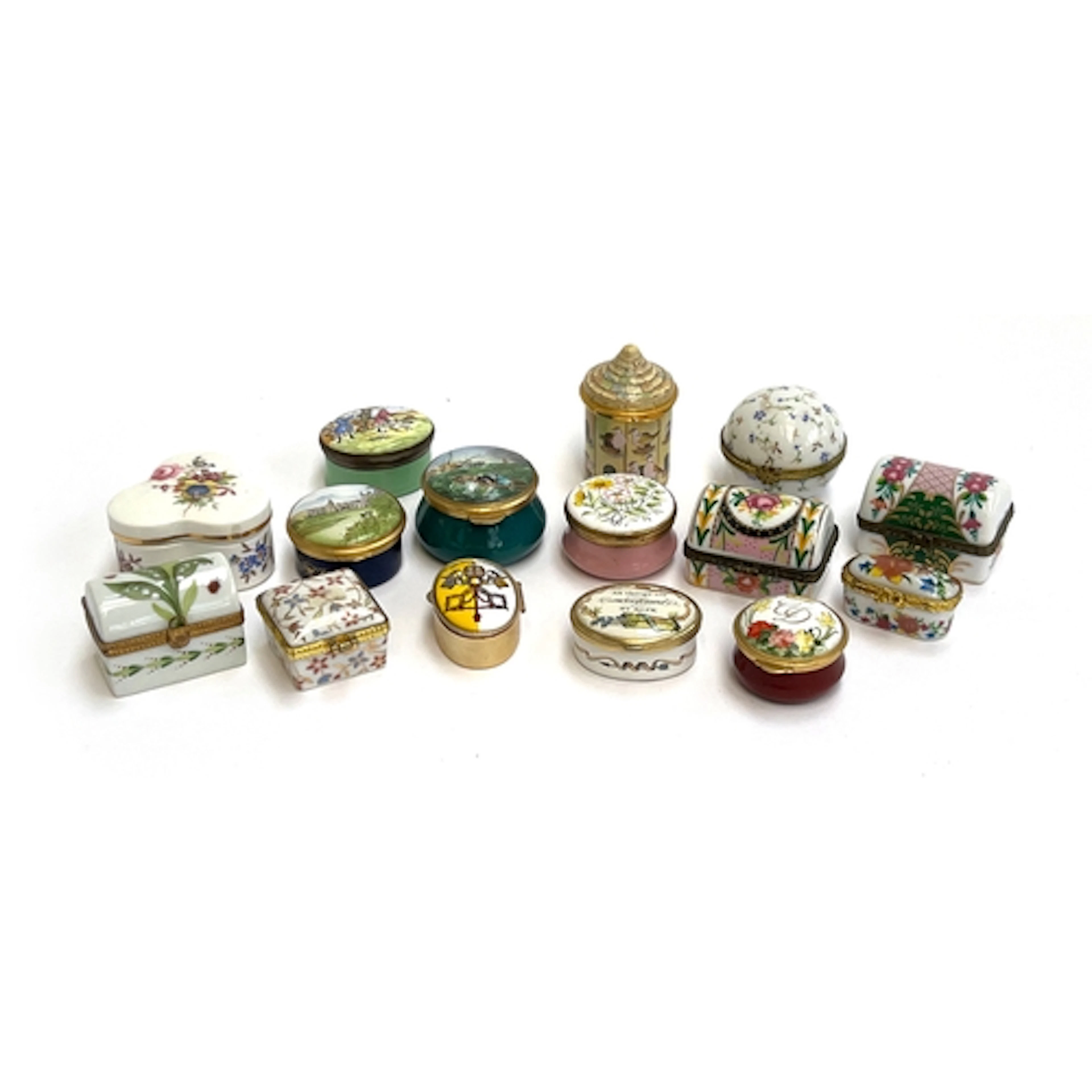 A lot of 15 enamel and porcelain pill boxes to include: Staf...