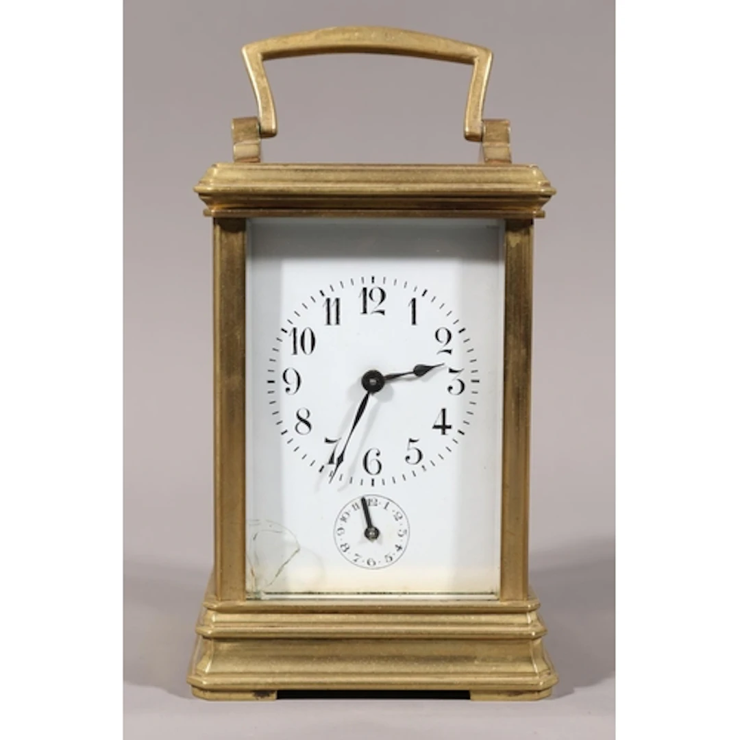 French brass carriage clock, the enamel dial with Arabic num...
